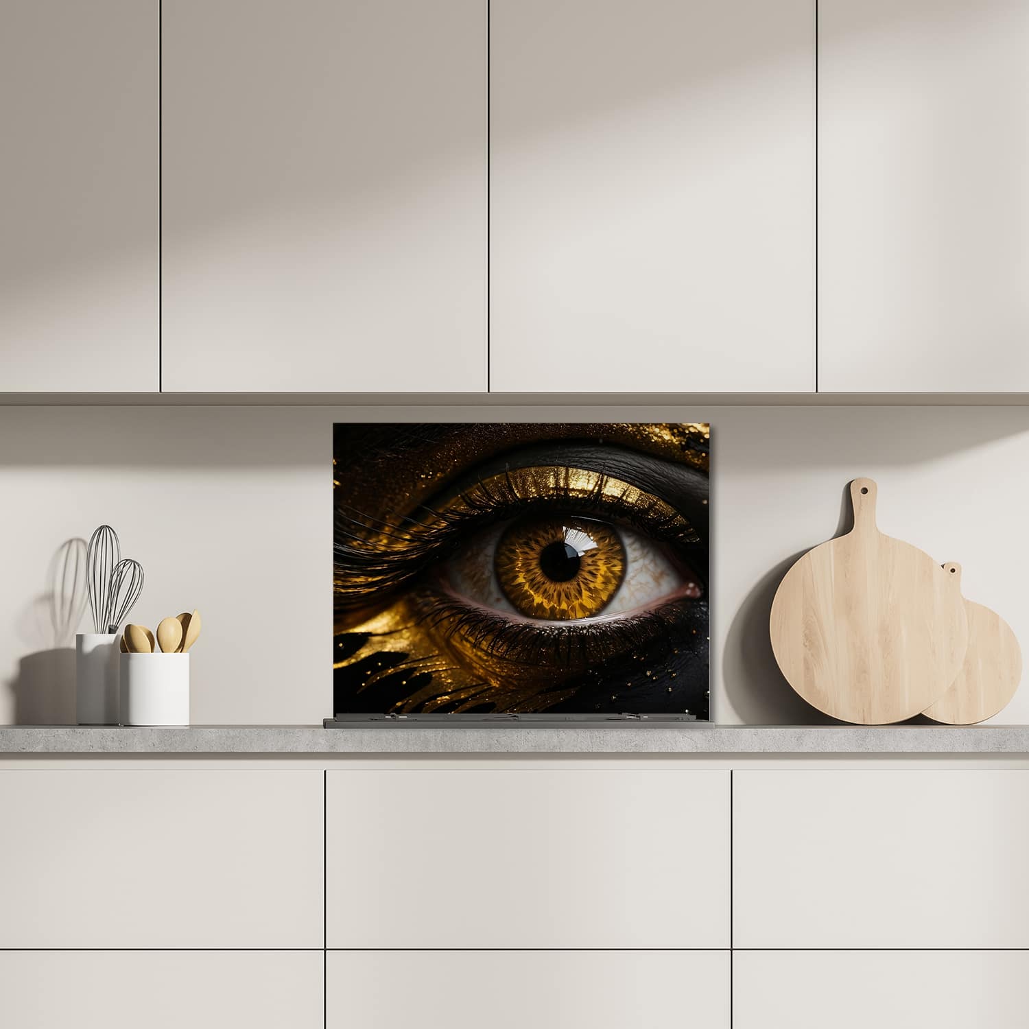 Eigen afmeting spatscherm-op-maat Keuken - Hittebestendig gehard glas - Zwart en goud oog