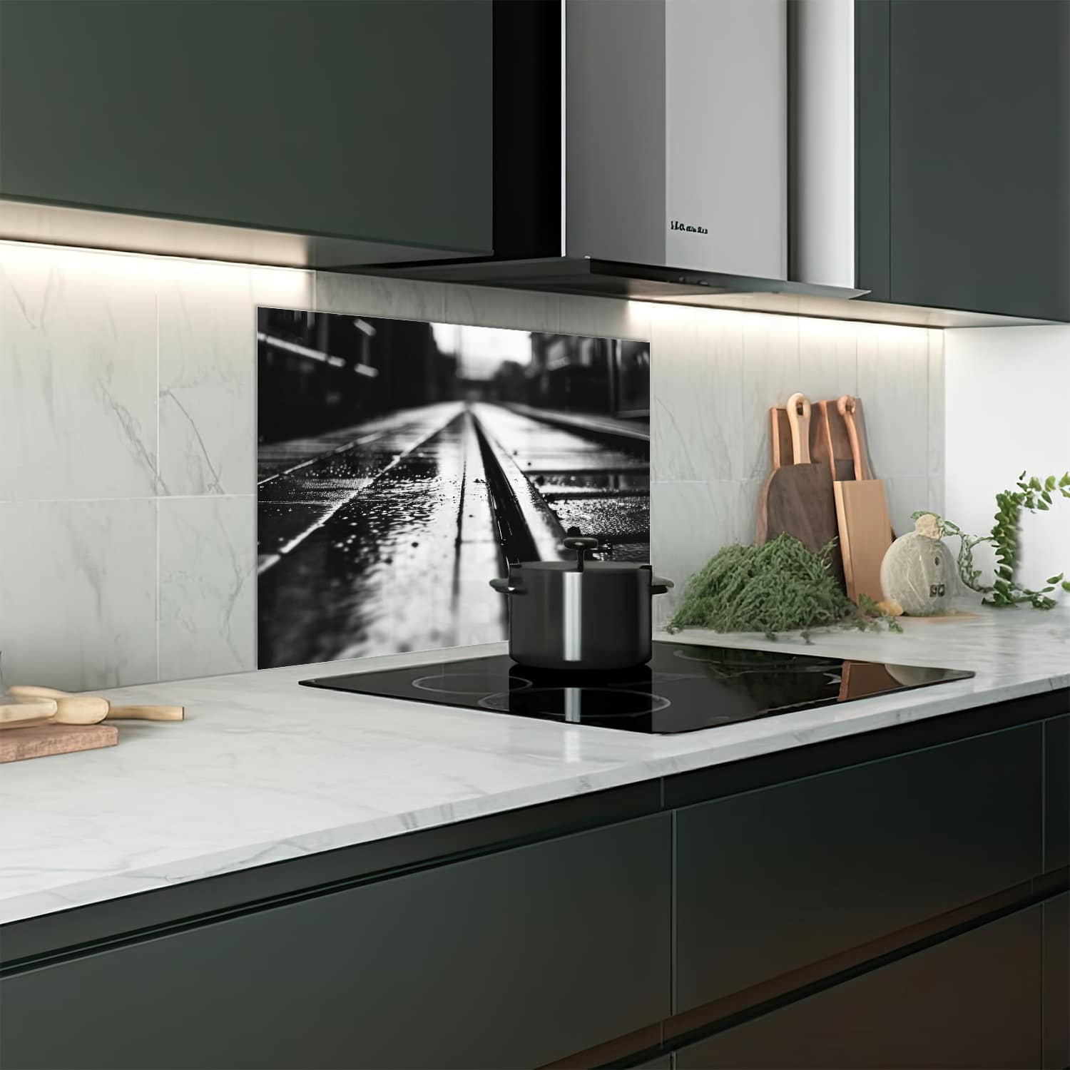 Eigen afmeting spatscherm-op-maat Keuken - Hittebestendig gehard glas - Zwart-Wit Treinspoor