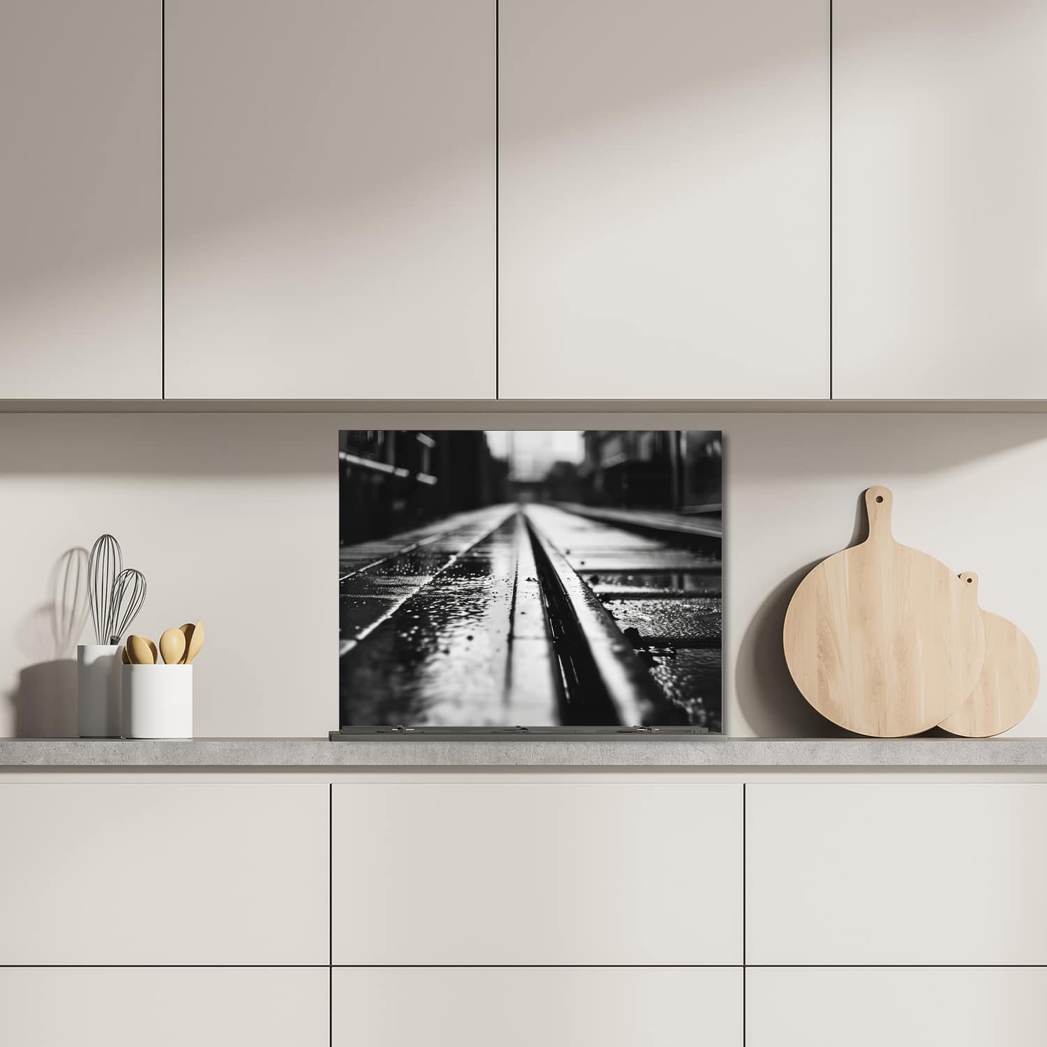 Eigen afmeting spatscherm-op-maat Keuken - Hittebestendig gehard glas - Zwart-Wit Treinspoor