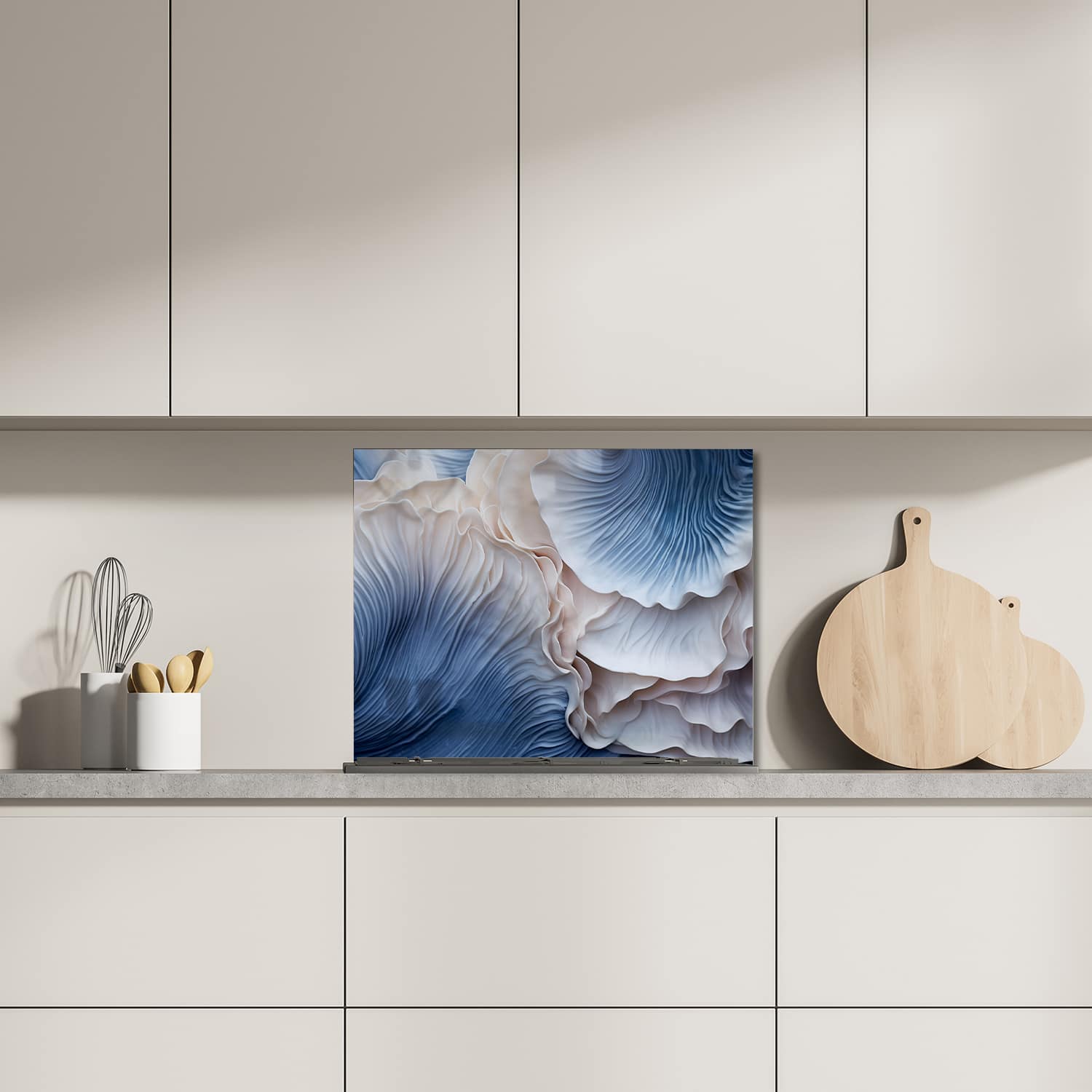 Eigen afmeting spatscherm-op-maat Keuken - Hittebestendig gehard glas - Blauwe Paddenstoelen Textuur