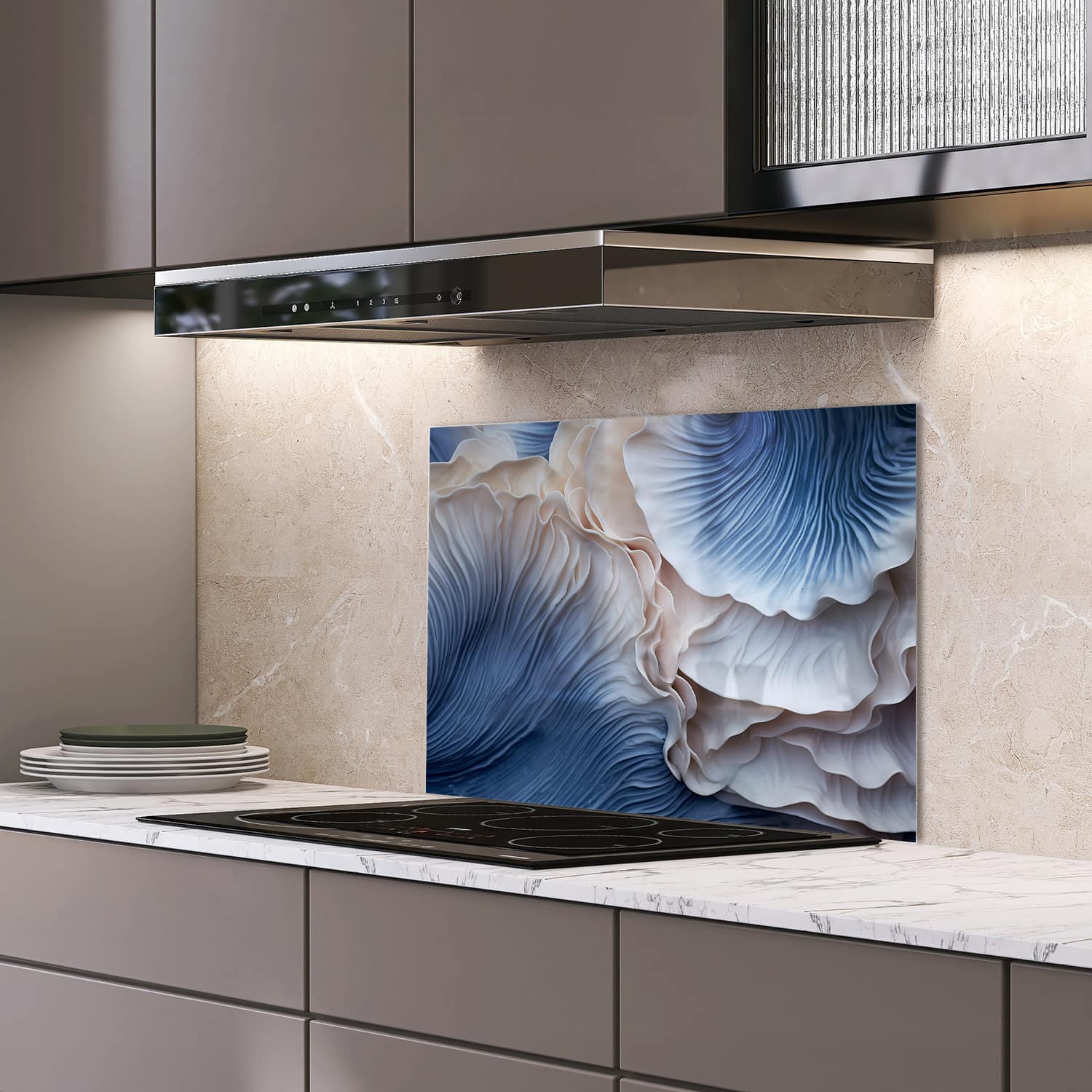 Eigen afmeting spatscherm-op-maat Keuken - Hittebestendig gehard glas - Blauwe Paddenstoelen Textuur