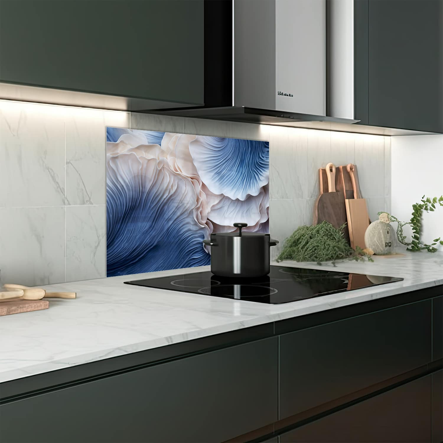 Eigen afmeting spatscherm-op-maat Keuken - Hittebestendig gehard glas - Blauwe Paddenstoelen Textuur
