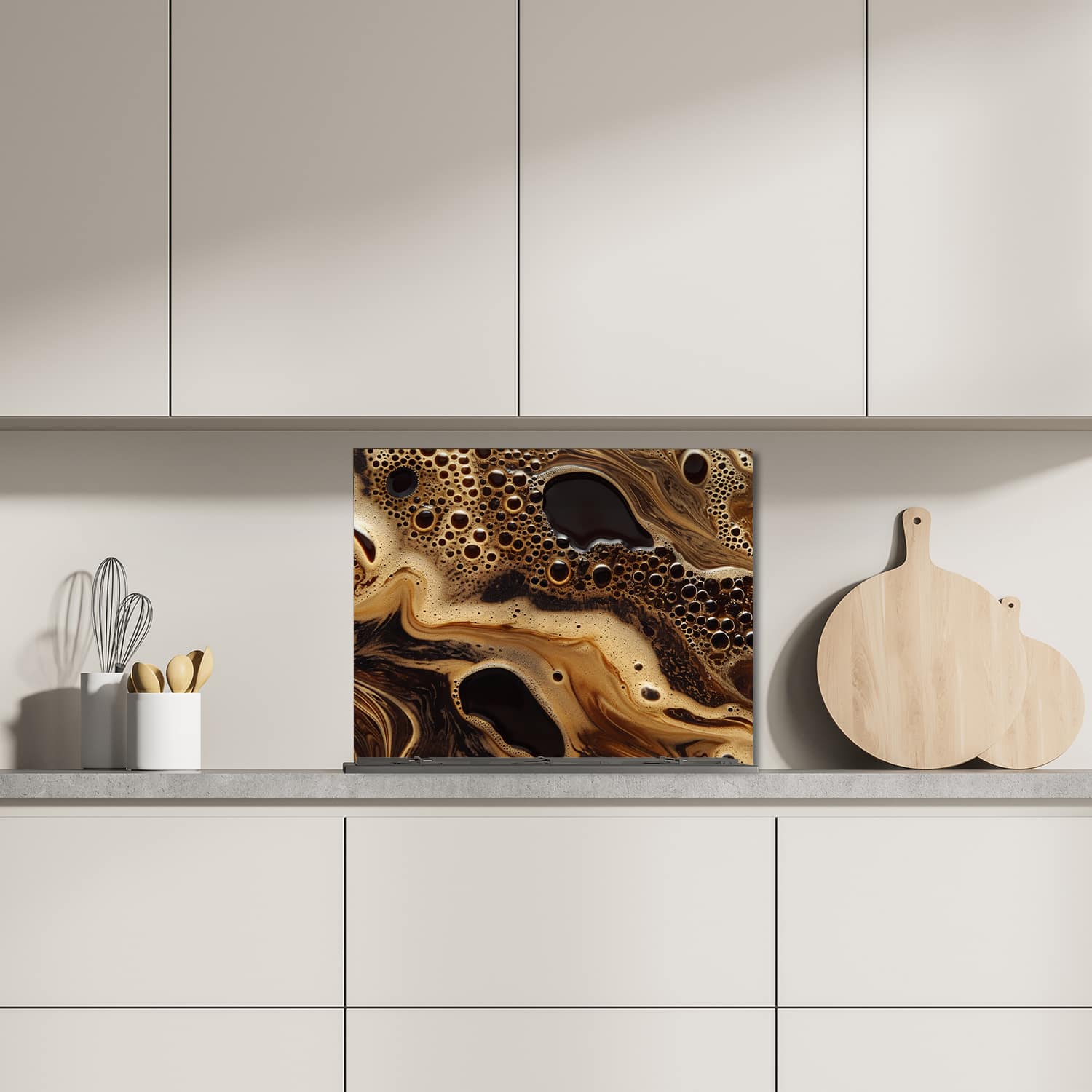 Eigen afmeting spatscherm-op-maat Keuken - Hittebestendig gehard glas - Vloeibare Koffie Textuur
