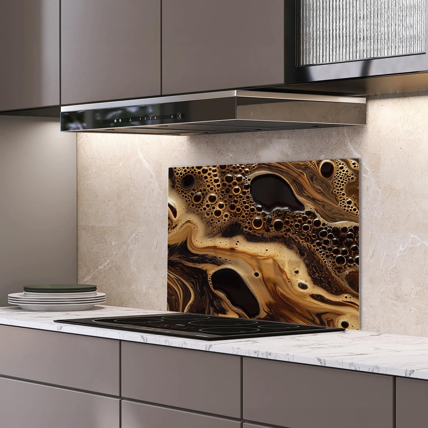 Eigen afmeting spatscherm-op-maat Keuken - Hittebestendig gehard glas - Vloeibare Koffie Textuur