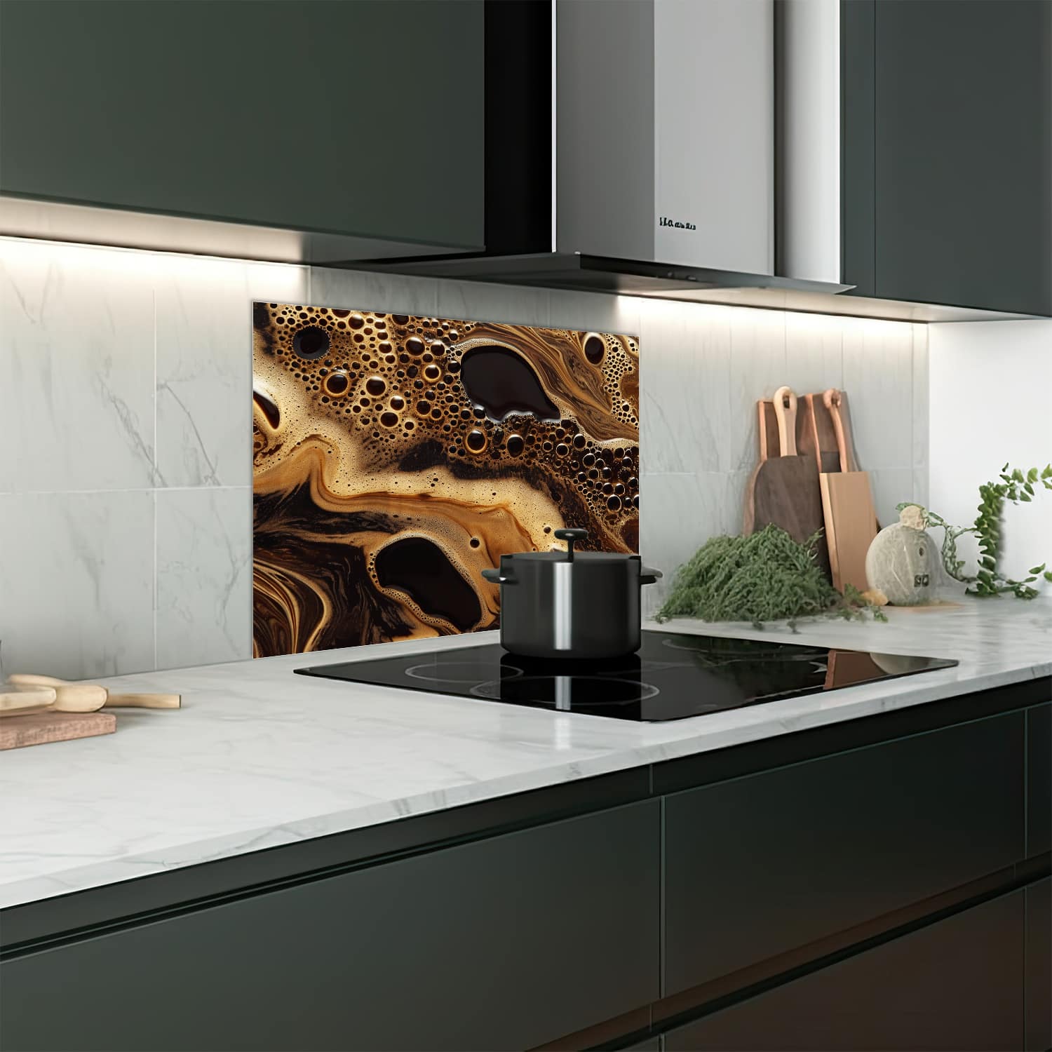 Eigen afmeting spatscherm-op-maat Keuken - Hittebestendig gehard glas - Vloeibare Koffie Textuur