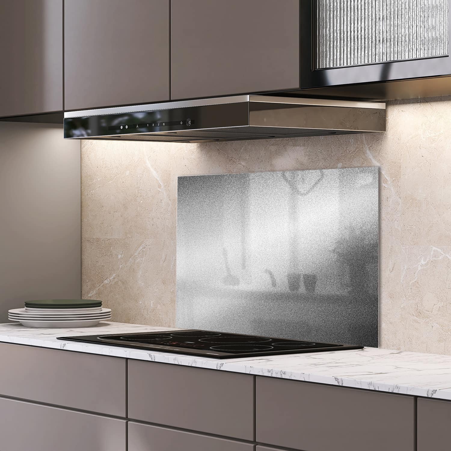Eigen afmeting spatscherm-op-maat Keuken - Hittebestendig gehard glas - Zilveren Matte Textuur