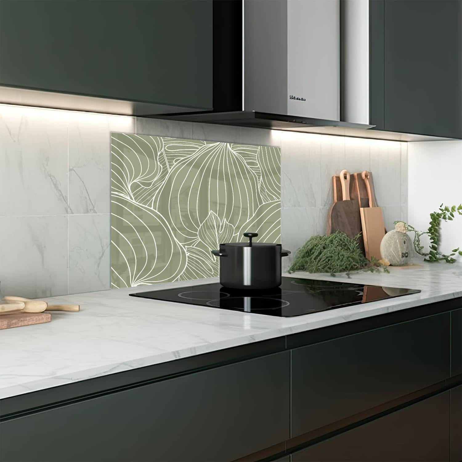 Eigen afmeting spatscherm-op-maat Keuken - Hittebestendig gehard glas - Botanisch Blad Lijnkunst Patroon