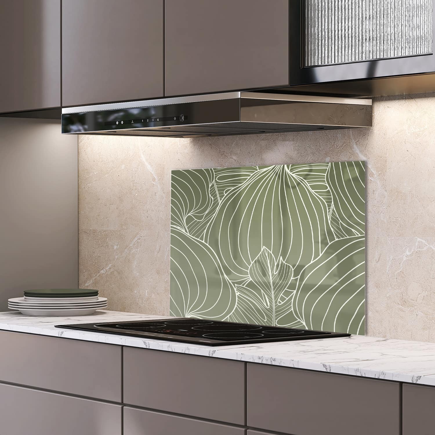 Eigen afmeting spatscherm-op-maat Keuken - Hittebestendig gehard glas - Botanisch Blad Lijnkunst Patroon