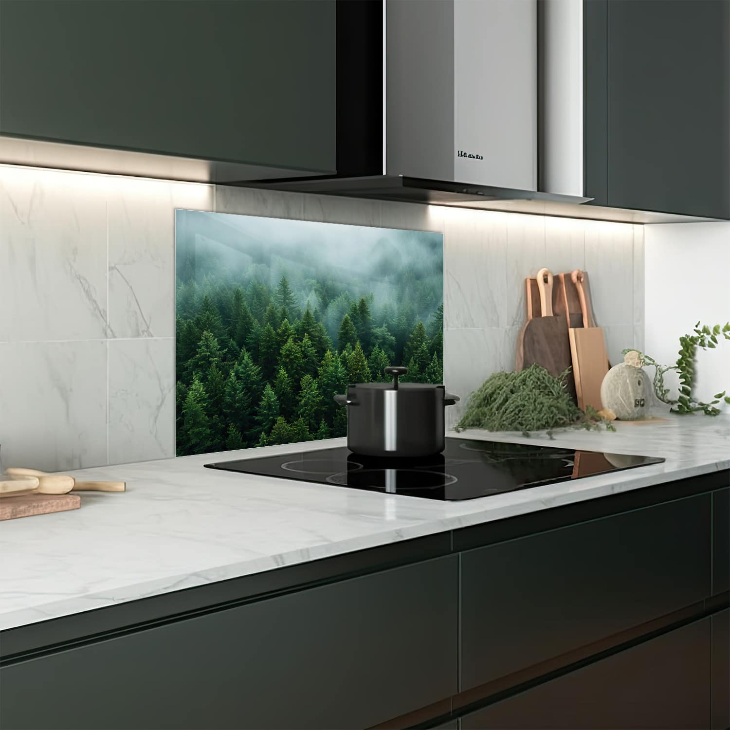 Eigen afmeting spatscherm-op-maat Keuken - Hittebestendig gehard glas - Dicht Groen Bos