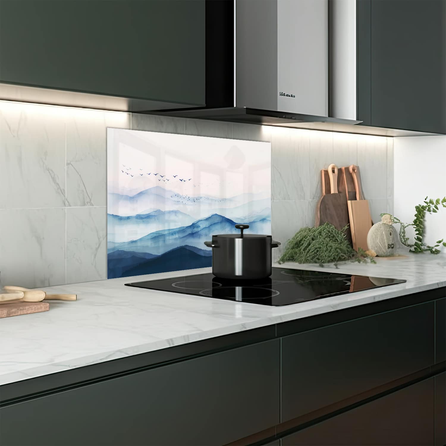 Eigen afmeting spatscherm-op-maat Keuken - Hittebestendig gehard glas - Waterverf Schilderij Mistige Bergen