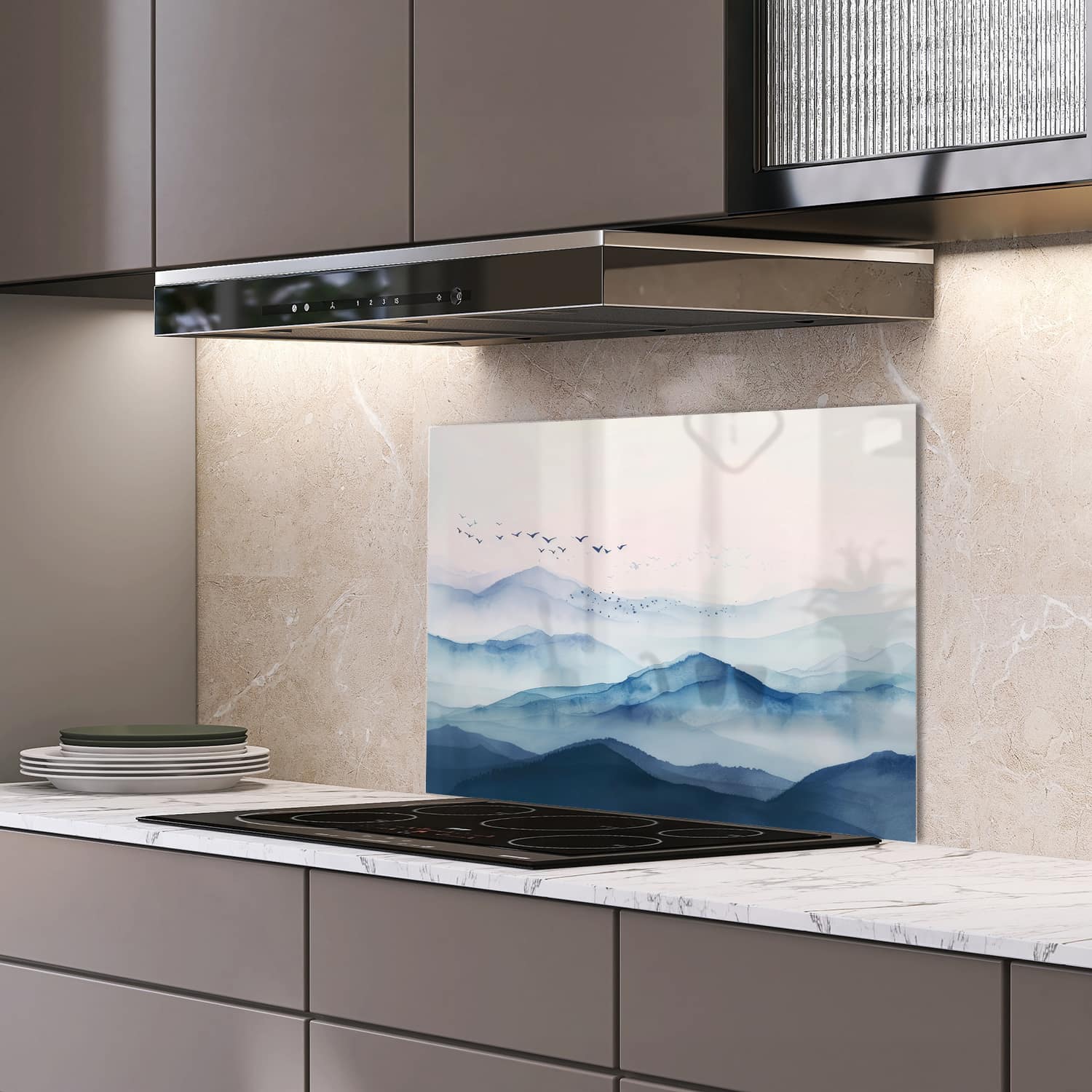 Eigen afmeting spatscherm-op-maat Keuken - Hittebestendig gehard glas - Waterverf Schilderij Mistige Bergen