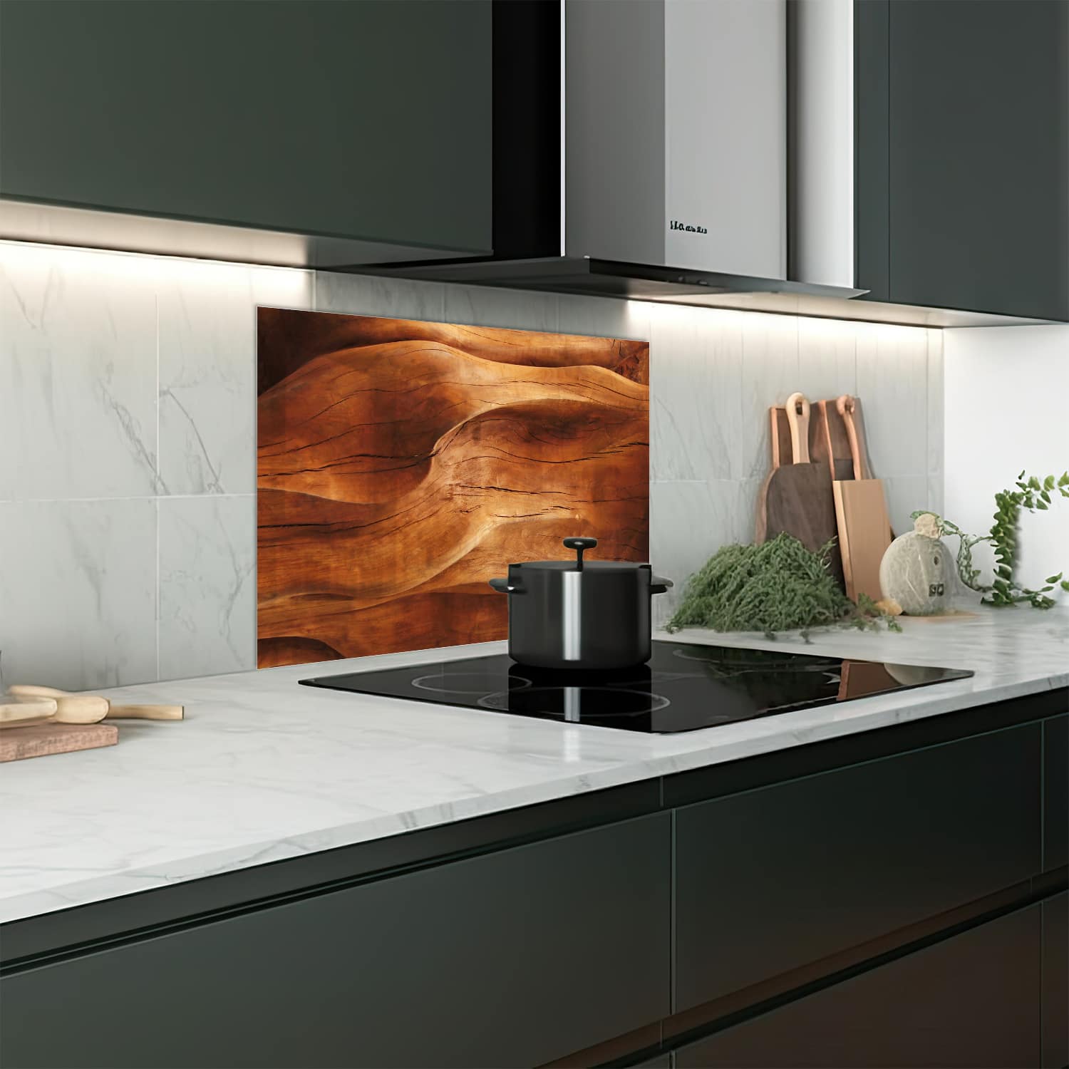 Eigen afmeting spatscherm-op-maat Keuken - Hittebestendig gehard glas - Golvend Hout