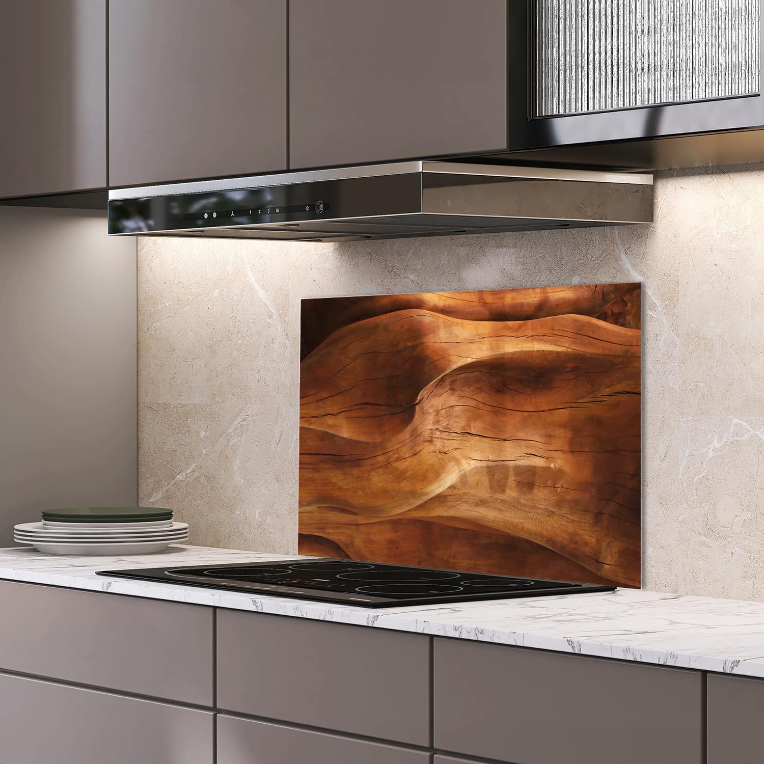 Eigen afmeting spatscherm-op-maat Keuken - Hittebestendig gehard glas - Golvend Hout