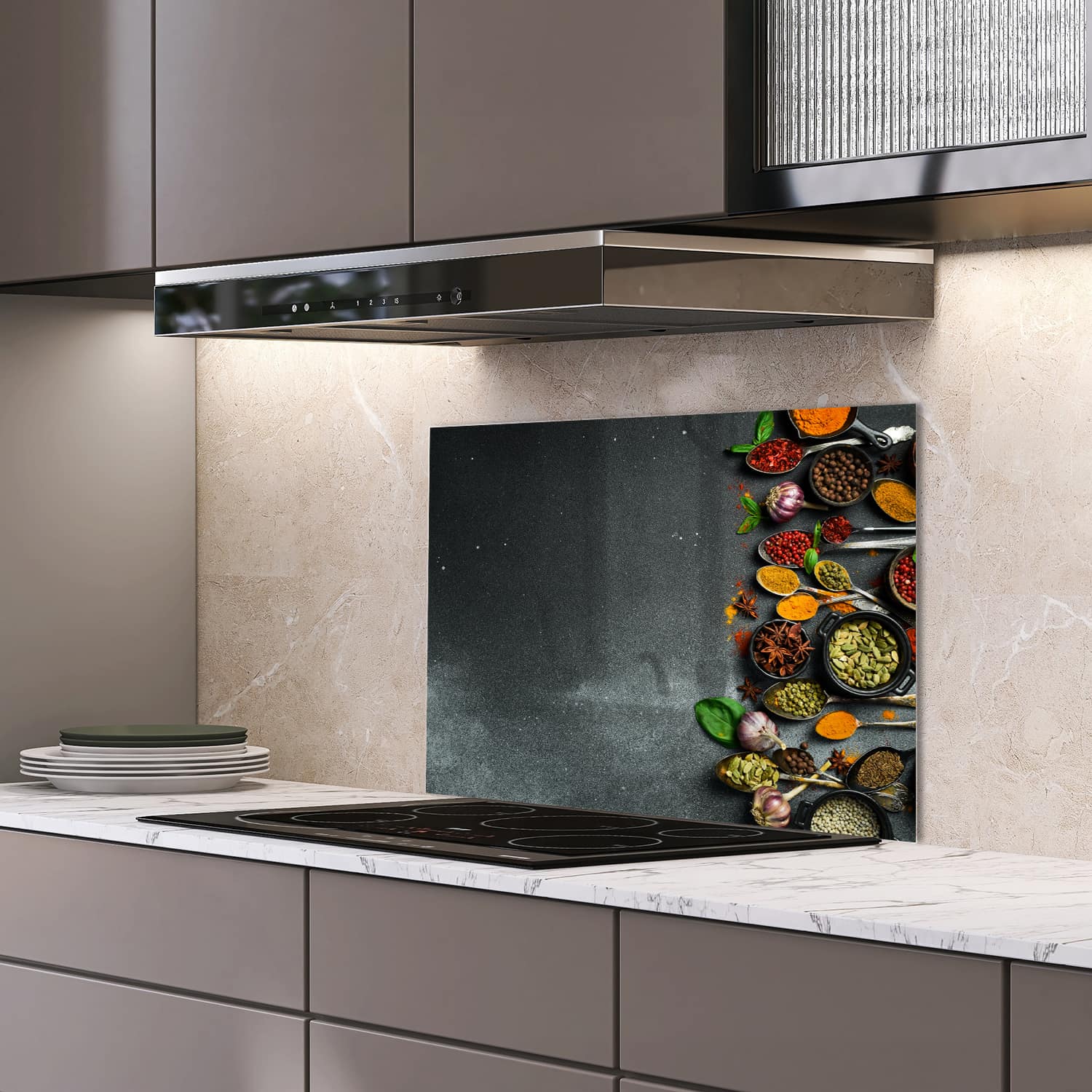 Eigen afmeting spatscherm-op-maat Keuken - Hittebestendig gehard glas - Kruiden op Donkere Steen