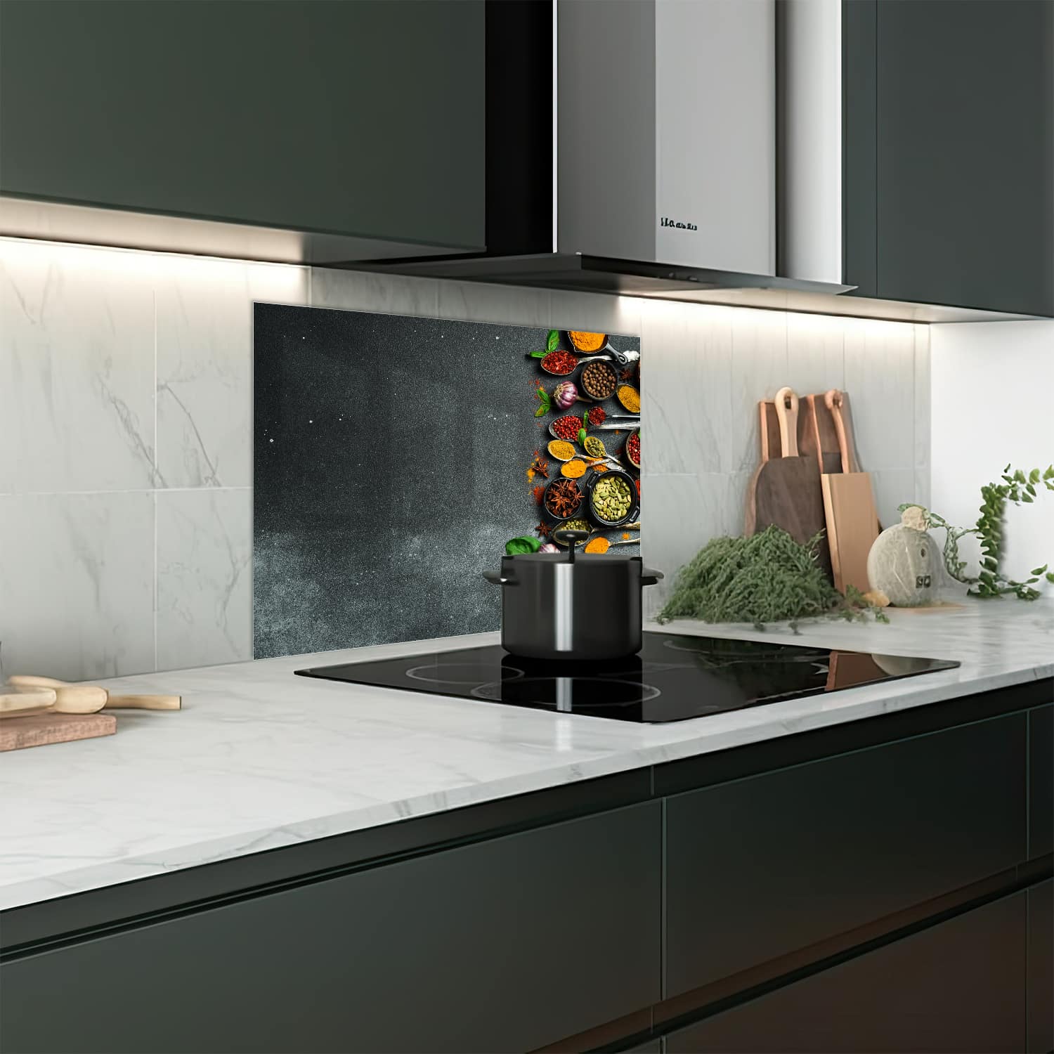 Eigen afmeting spatscherm-op-maat Keuken - Hittebestendig gehard glas - Kruiden op Donkere Steen