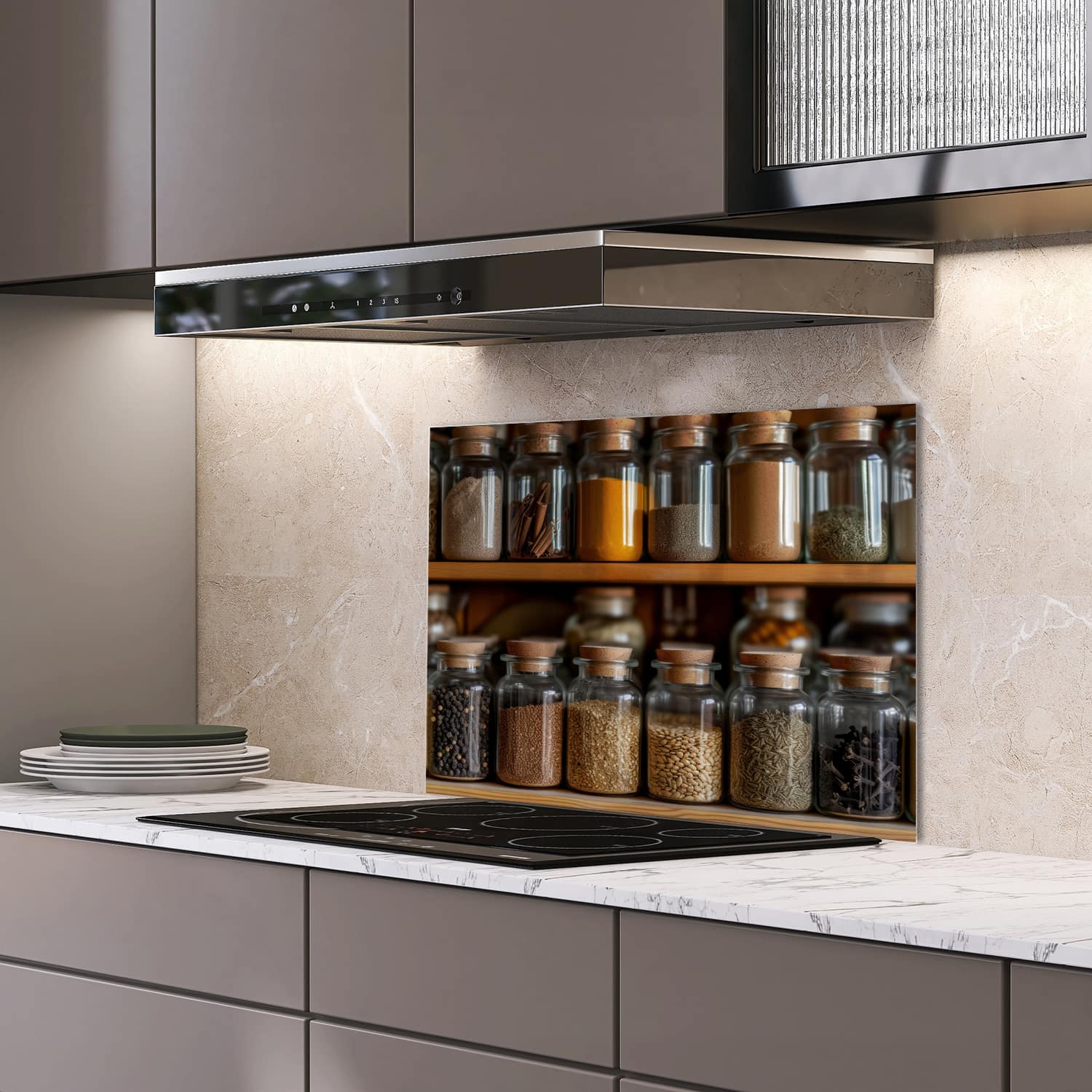 Eigen afmeting spatscherm-op-maat Keuken - Hittebestendig gehard glas - Kruiden & Specerijen in Potjes