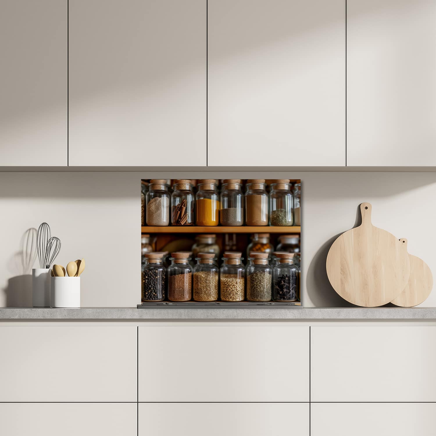 Eigen afmeting spatscherm-op-maat Keuken - Hittebestendig gehard glas - Kruiden & Specerijen in Potjes