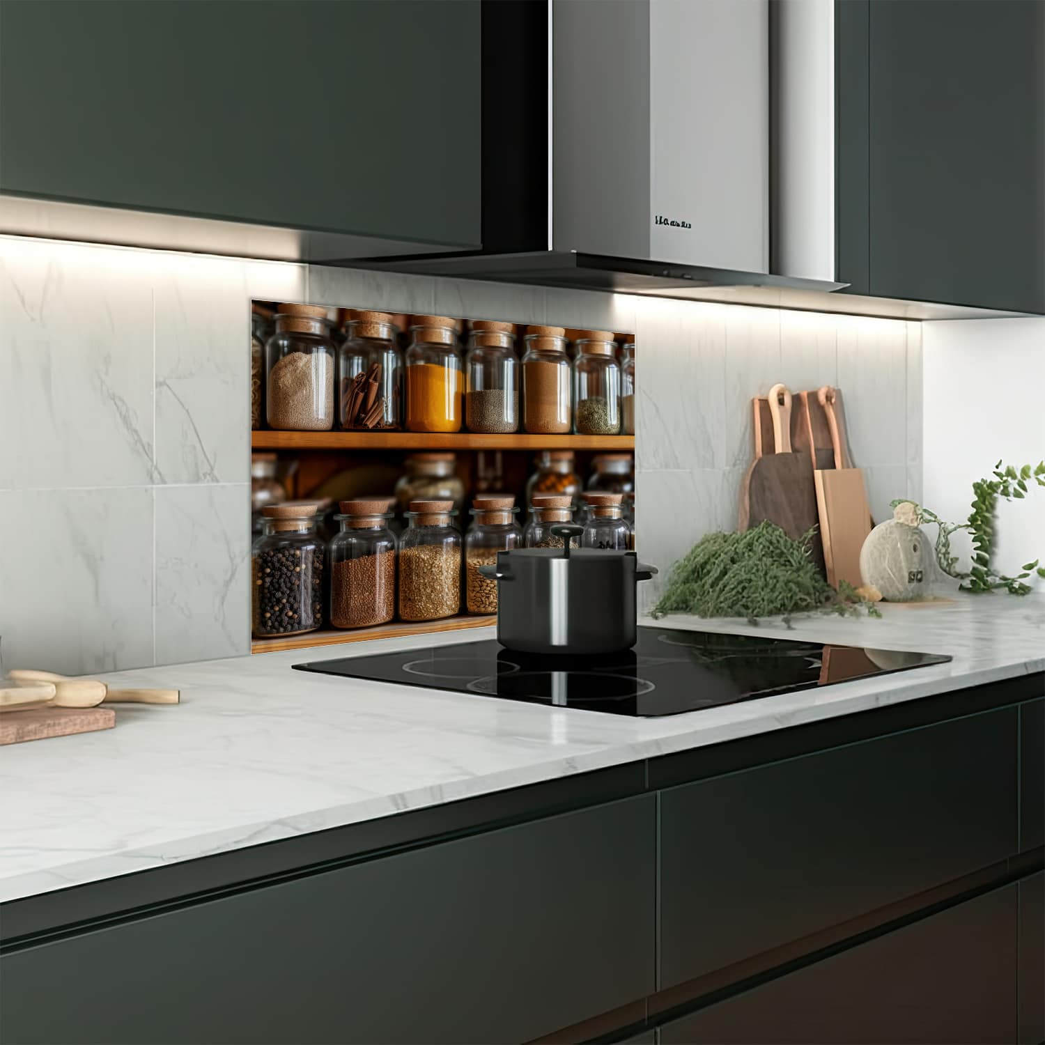 Eigen afmeting spatscherm-op-maat Keuken - Hittebestendig gehard glas - Kruiden & Specerijen in Potjes