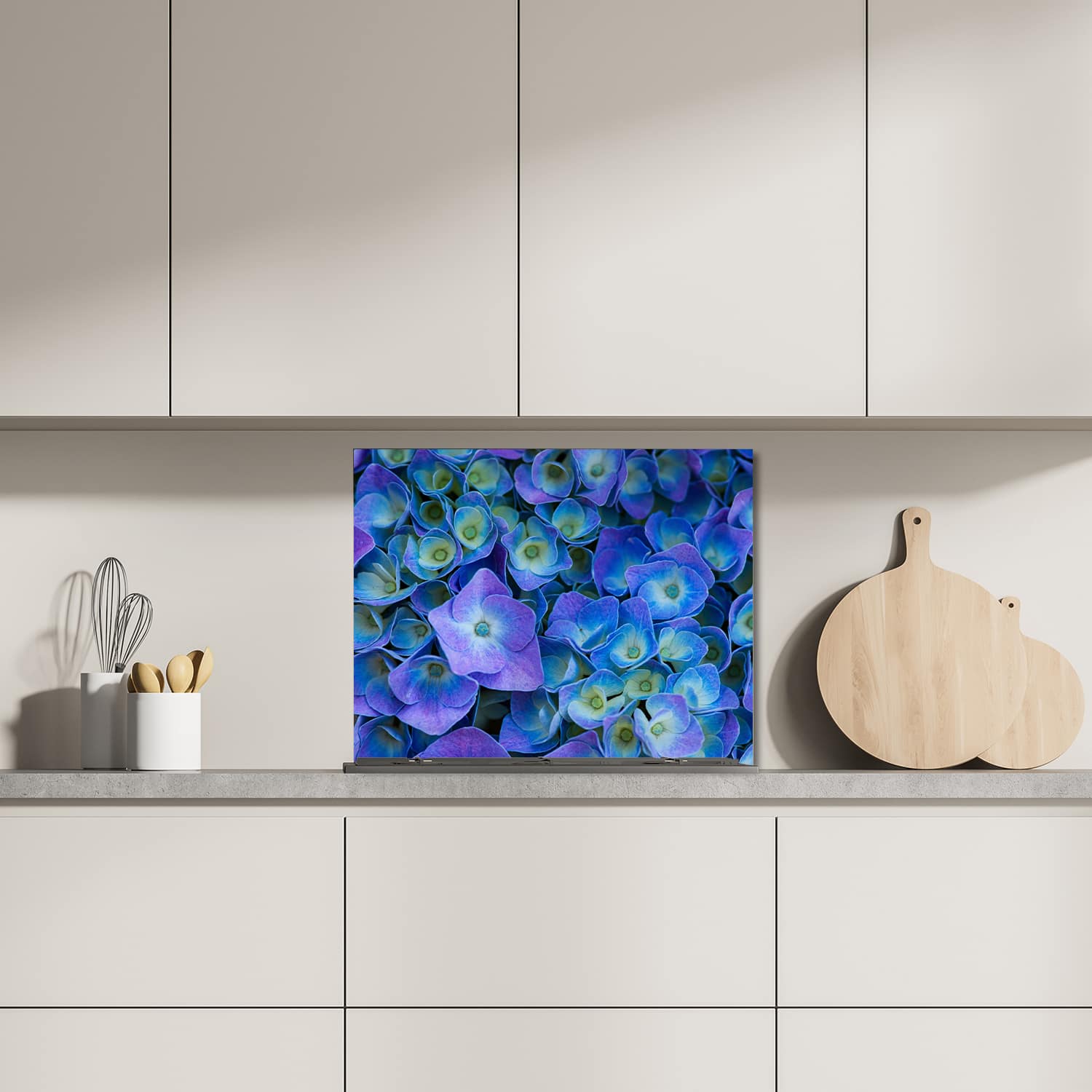 Eigen afmeting spatscherm-op-maat Keuken - Hittebestendig gehard glas - Hydrangea bloei