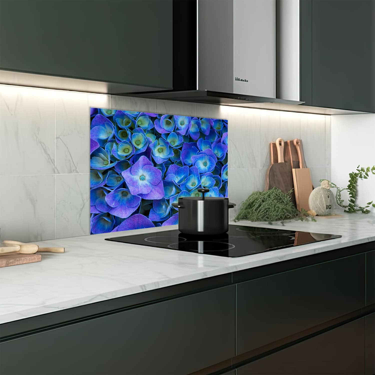 Eigen afmeting spatscherm-op-maat Keuken - Hittebestendig gehard glas - Hydrangea bloei