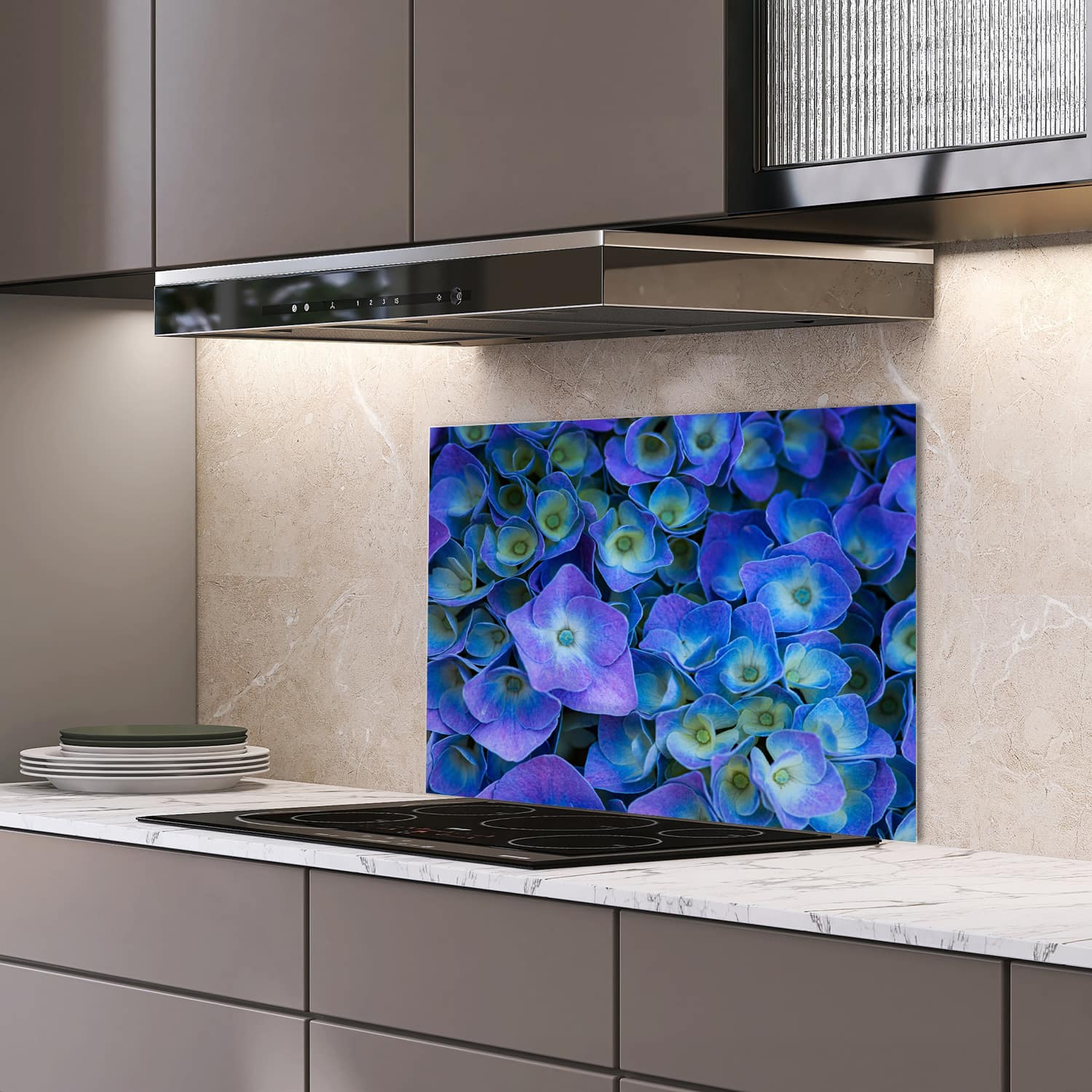 Eigen afmeting spatscherm-op-maat Keuken - Hittebestendig gehard glas - Hydrangea bloei