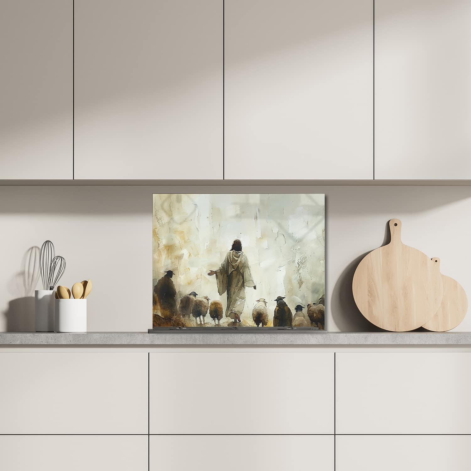 Eigen afmeting spatscherm-op-maat Keuken - Hittebestendig gehard glas - Waterverf Schilderij Jezus