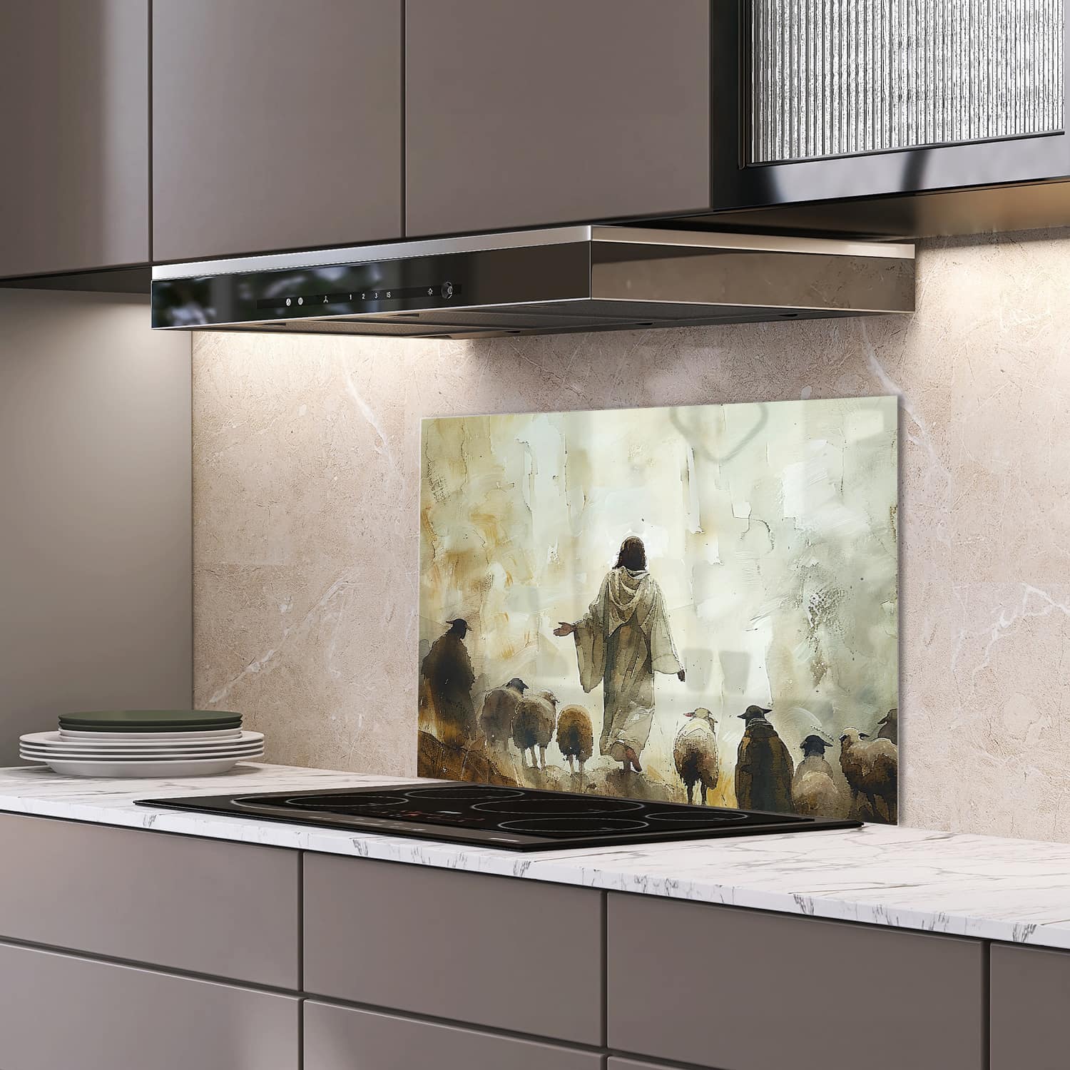 Eigen afmeting spatscherm-op-maat Keuken - Hittebestendig gehard glas - Waterverf Schilderij Jezus