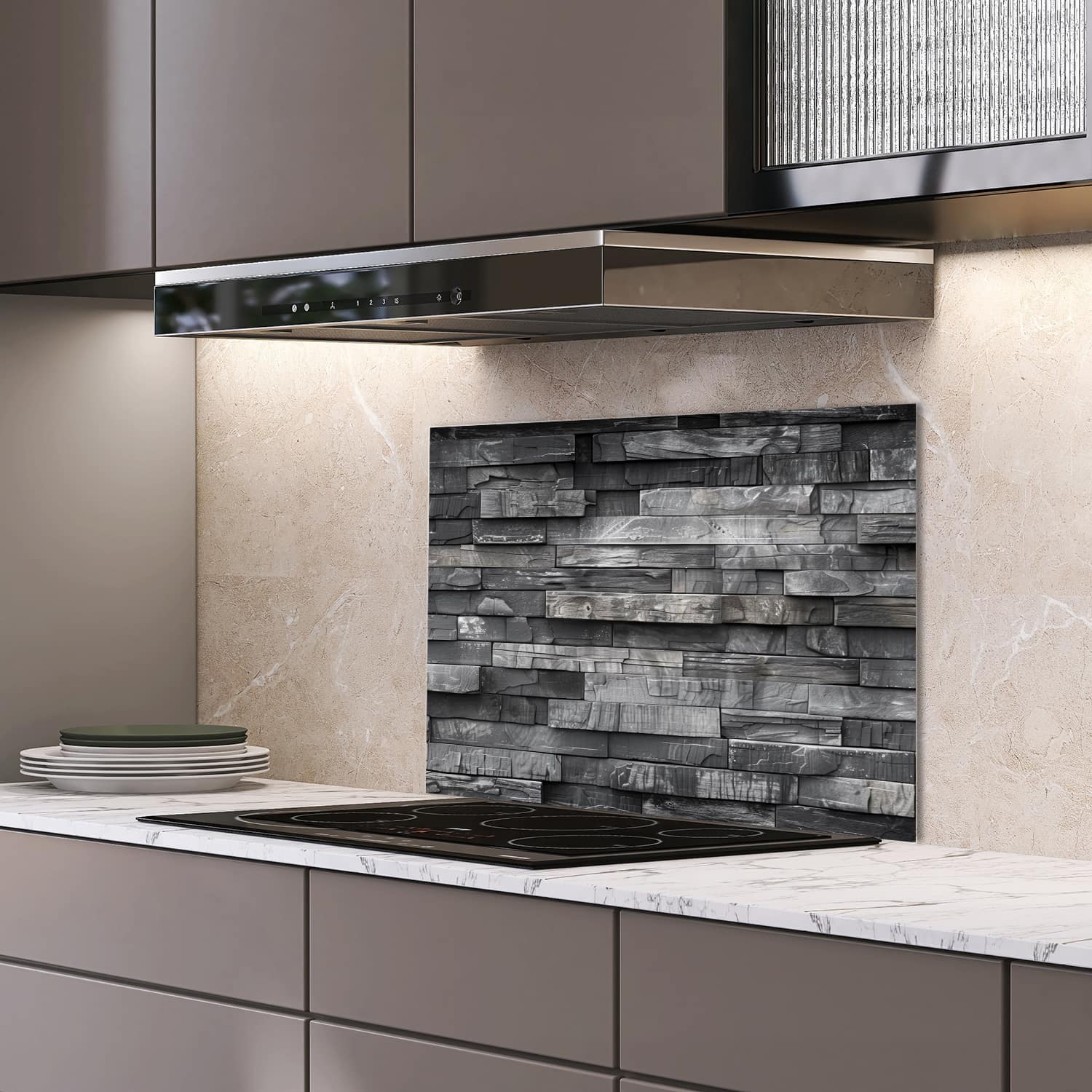 Eigen afmeting spatscherm-op-maat Keuken - Hittebestendig gehard glas - Stenen Muur Zwart-Wit