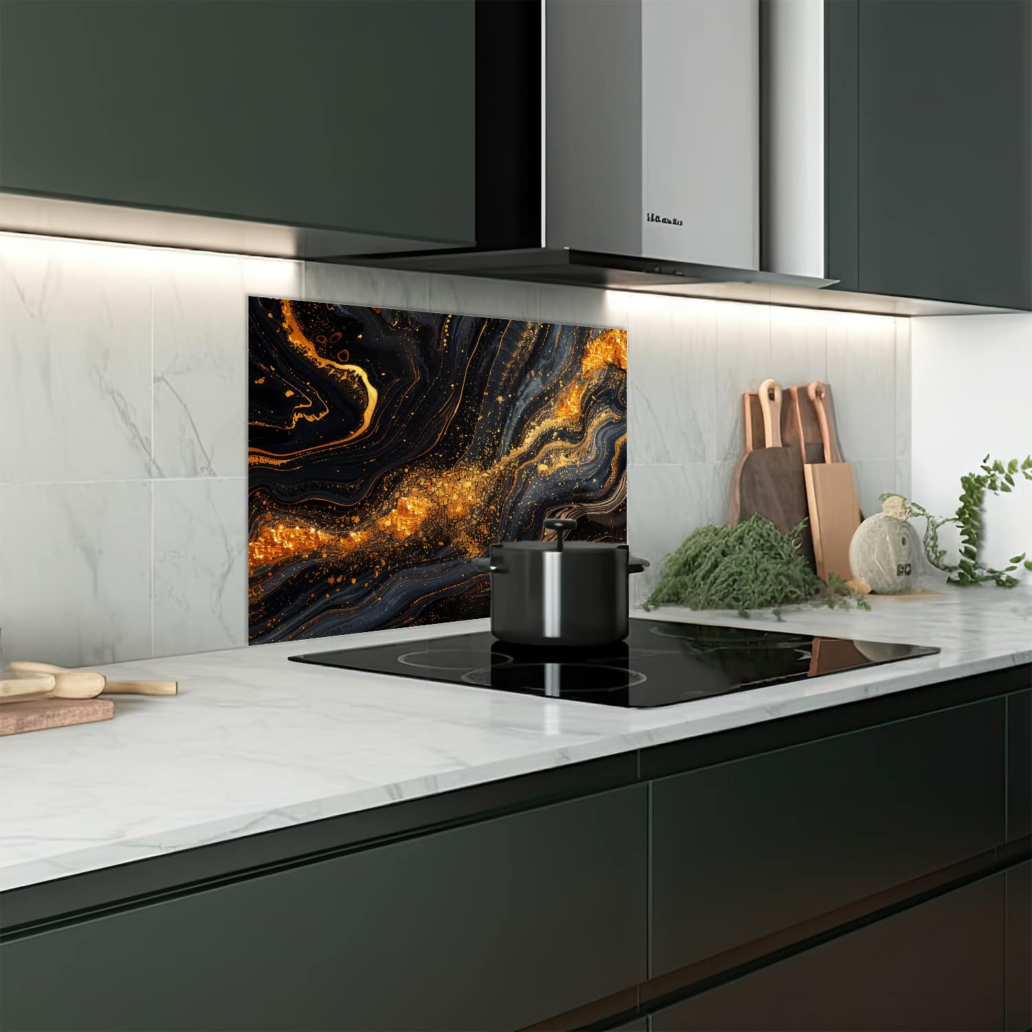 Eigen afmeting spatscherm-op-maat Keuken - Hittebestendig gehard glas - Zwart/Goud Marmer Textuur