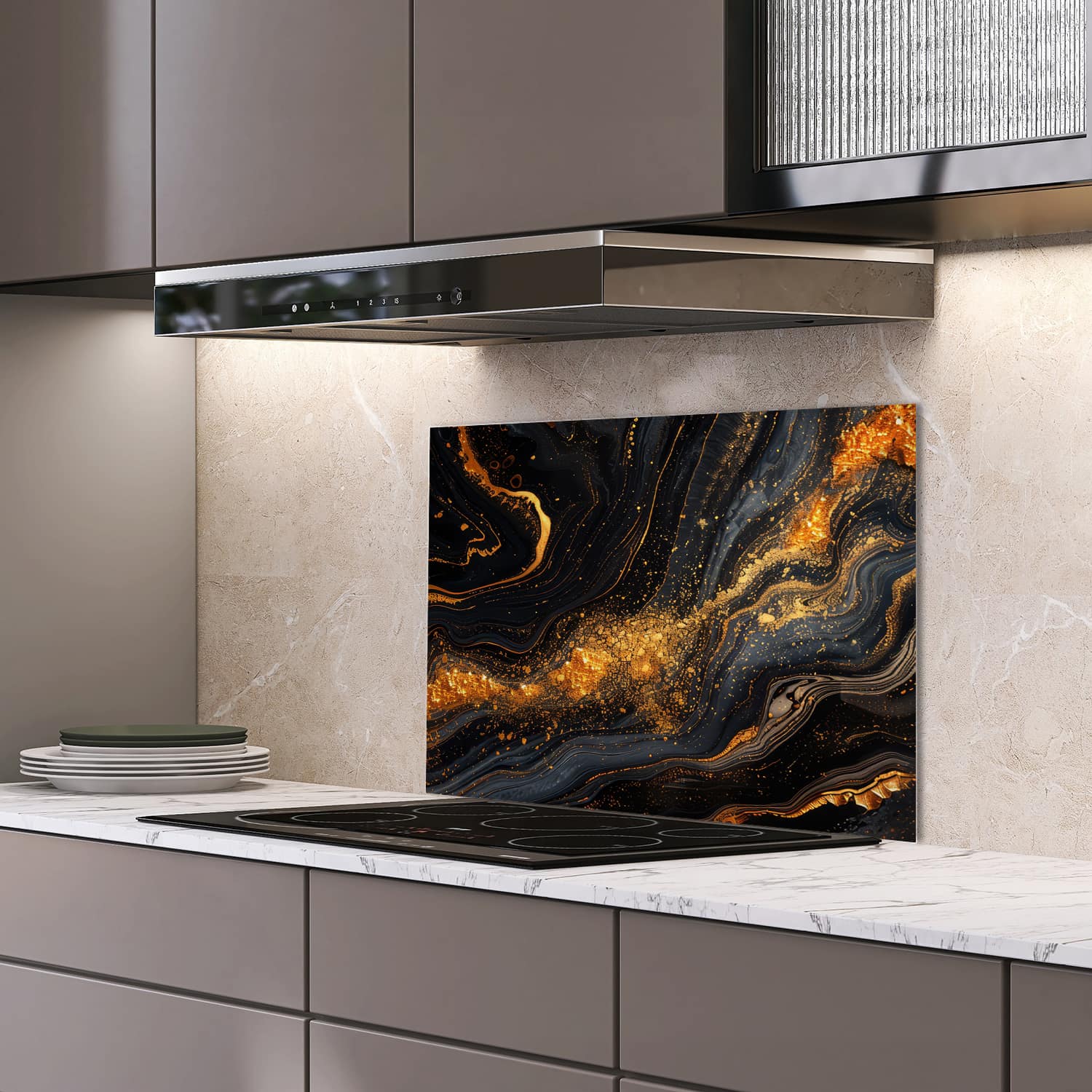 Eigen afmeting spatscherm-op-maat Keuken - Hittebestendig gehard glas - Zwart/Goud Marmer Textuur