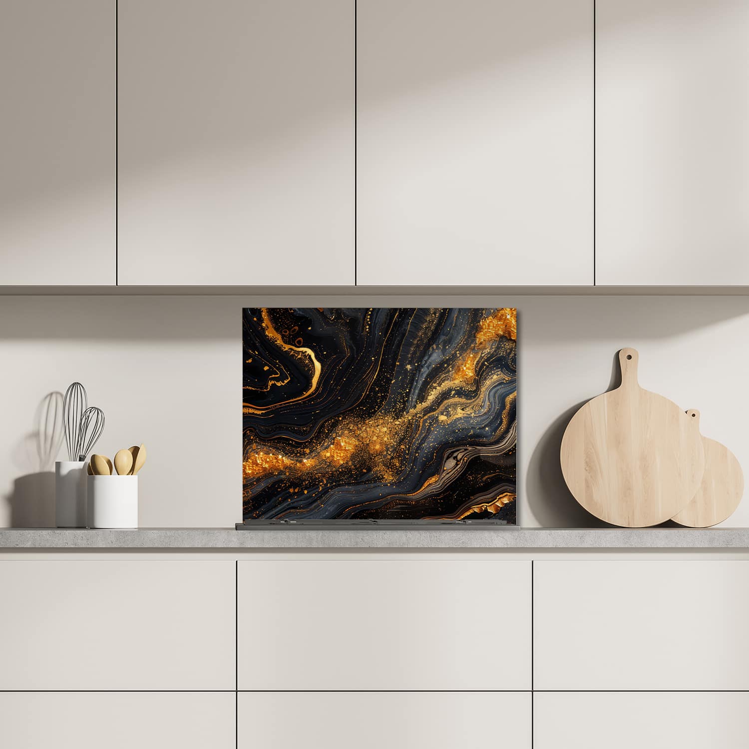 Eigen afmeting spatscherm-op-maat Keuken - Hittebestendig gehard glas - Zwart/Goud Marmer Textuur