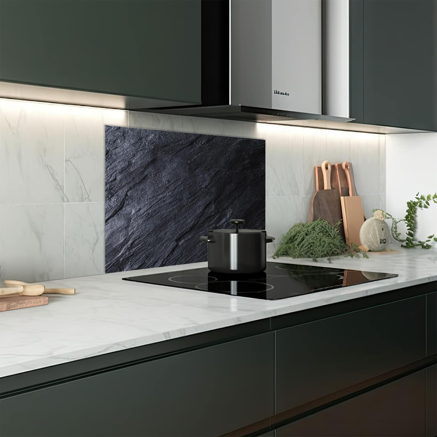Eigen afmeting spatscherm-op-maat Keuken - Hittebestendig gehard glas - Zwarte Leisteen