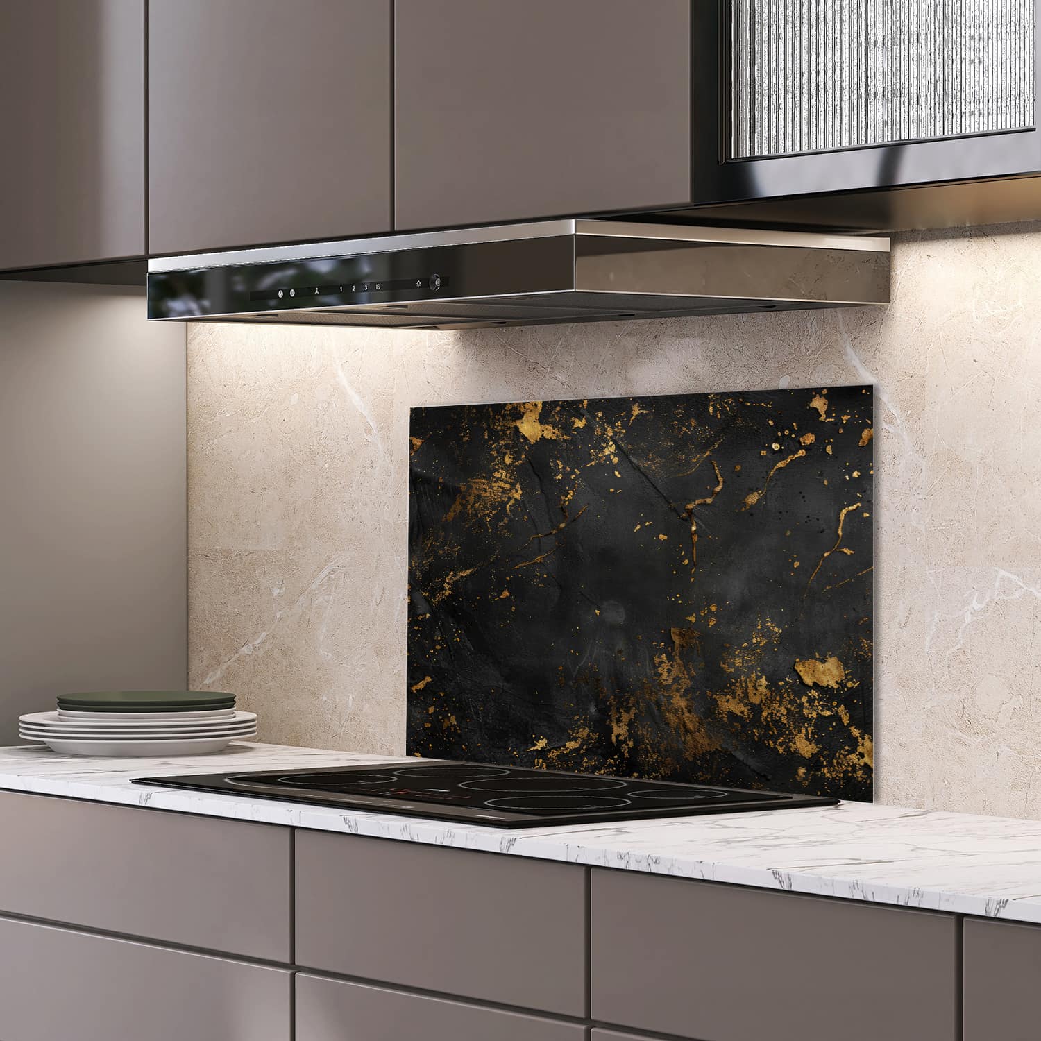 Eigen afmeting spatscherm-op-maat Keuken - Hittebestendig gehard glas - Zwart/Goud Ruwe Textuur