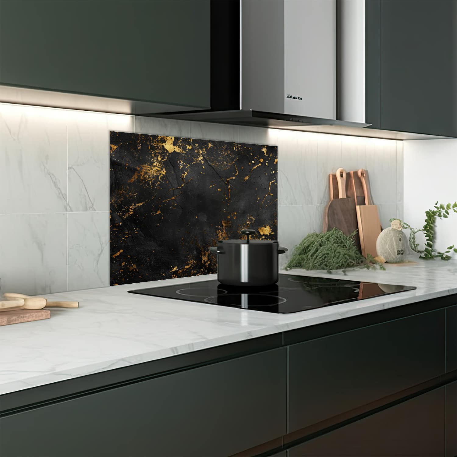 Eigen afmeting spatscherm-op-maat Keuken - Hittebestendig gehard glas - Zwart/Goud Ruwe Textuur