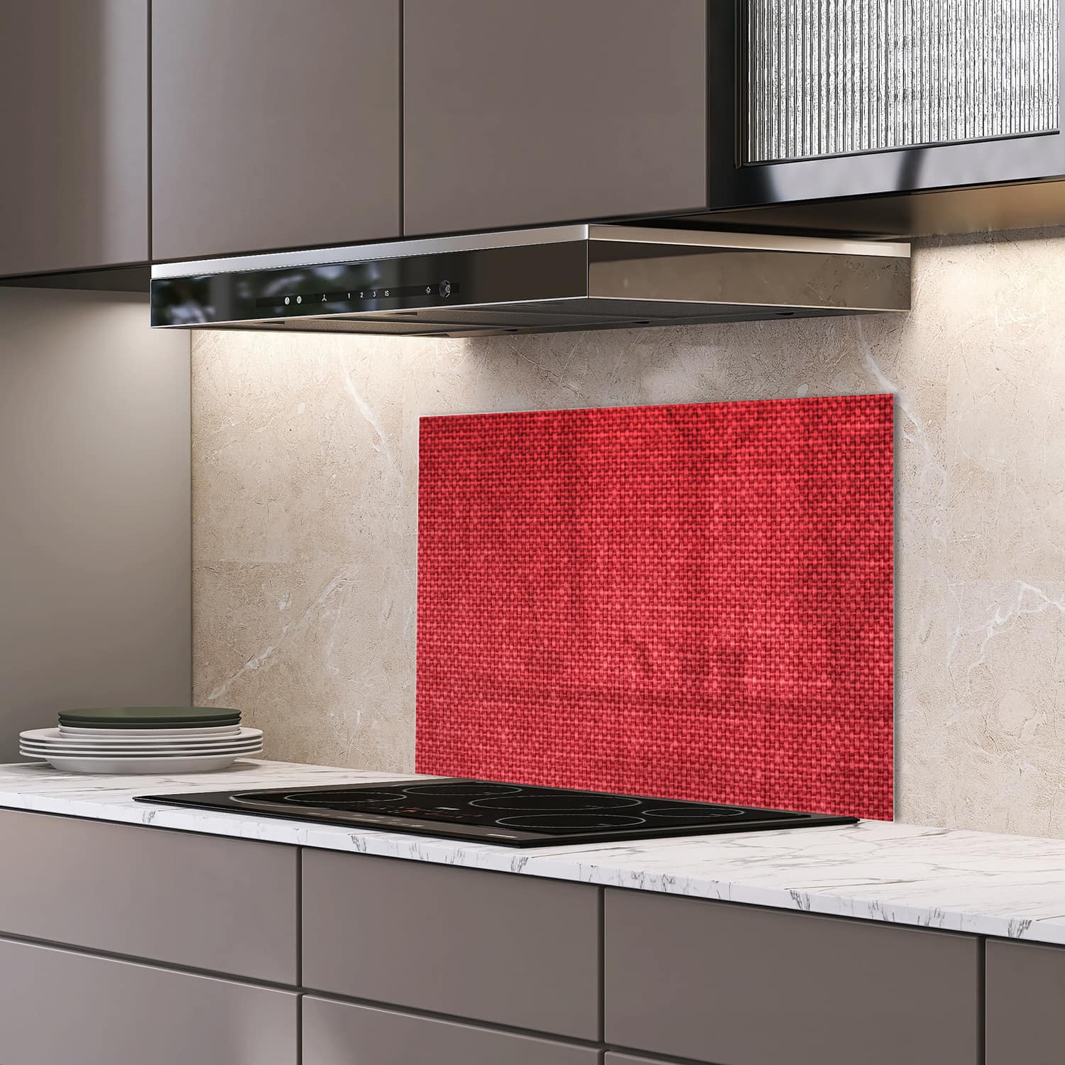 Eigen afmeting spatscherm-op-maat Keuken - Hittebestendig gehard glas - Rode Linnen Textuur