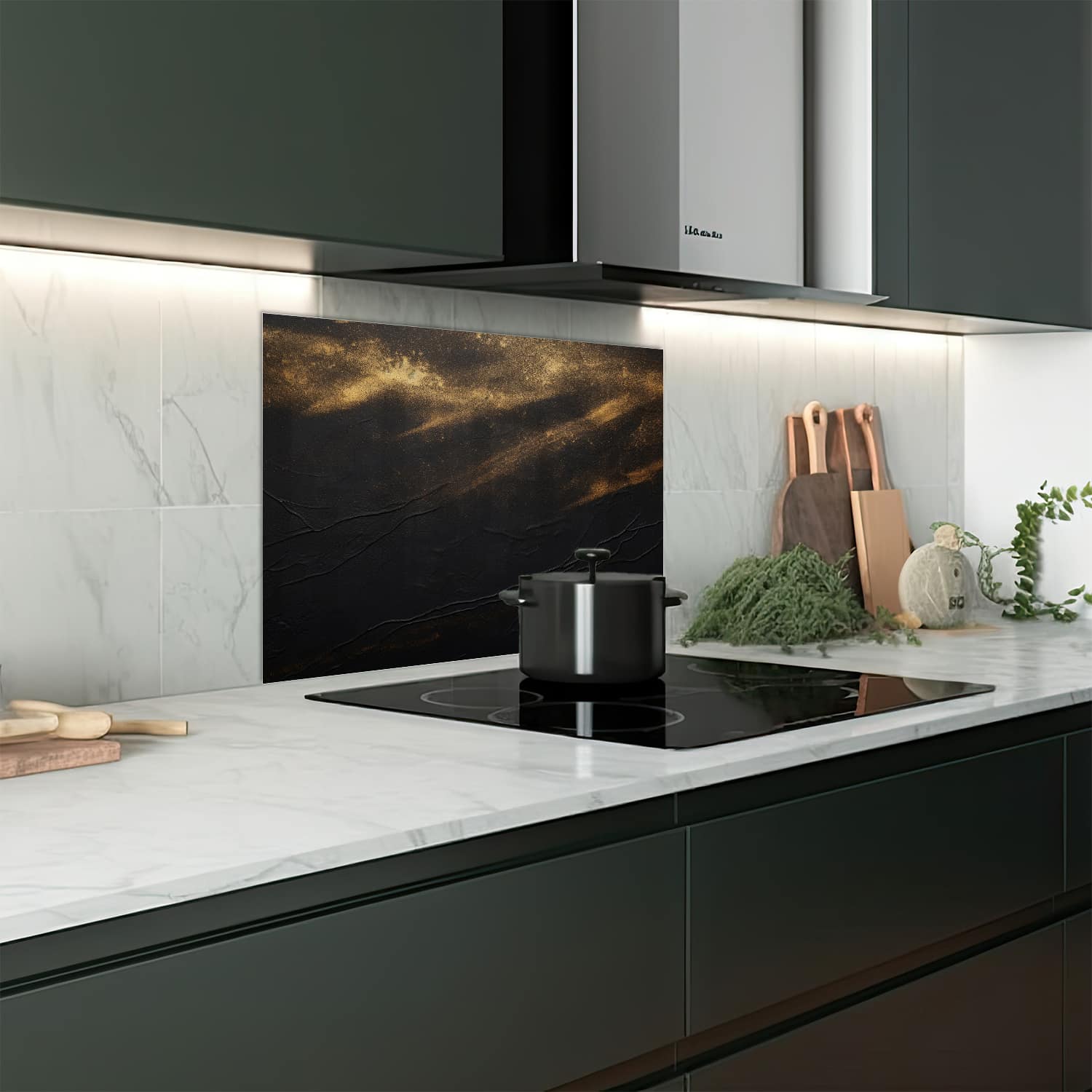 Eigen afmeting spatscherm-op-maat Keuken - Hittebestendig gehard glas - Zwart/Goud Luxe Textuur