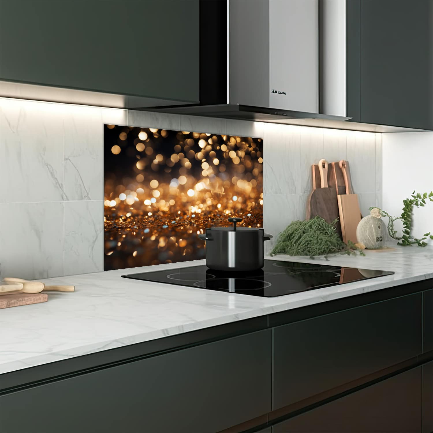 Eigen afmeting spatscherm-op-maat Keuken - Hittebestendig gehard glas - Gouden Glitters