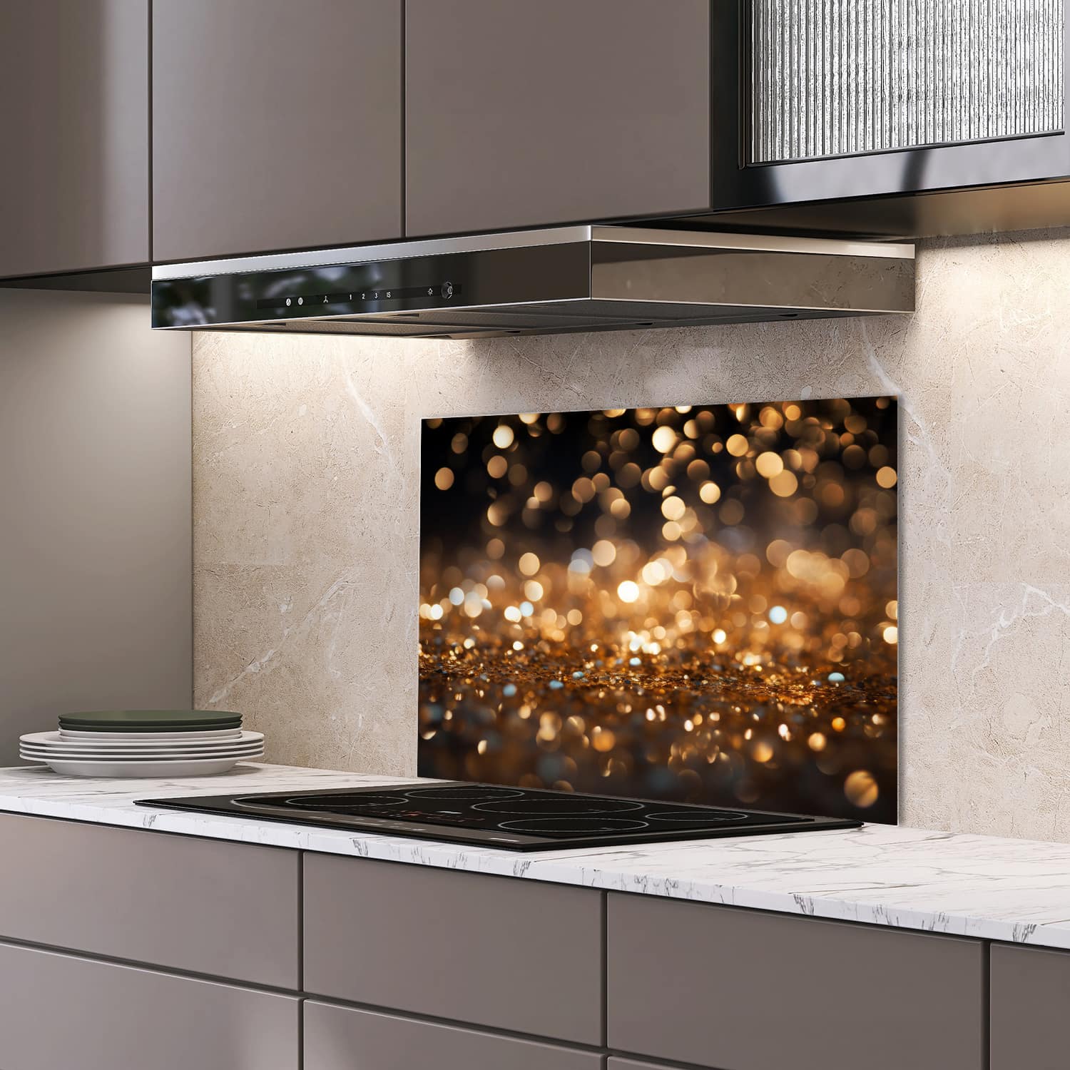 Eigen afmeting spatscherm-op-maat Keuken - Hittebestendig gehard glas - Gouden Glitters