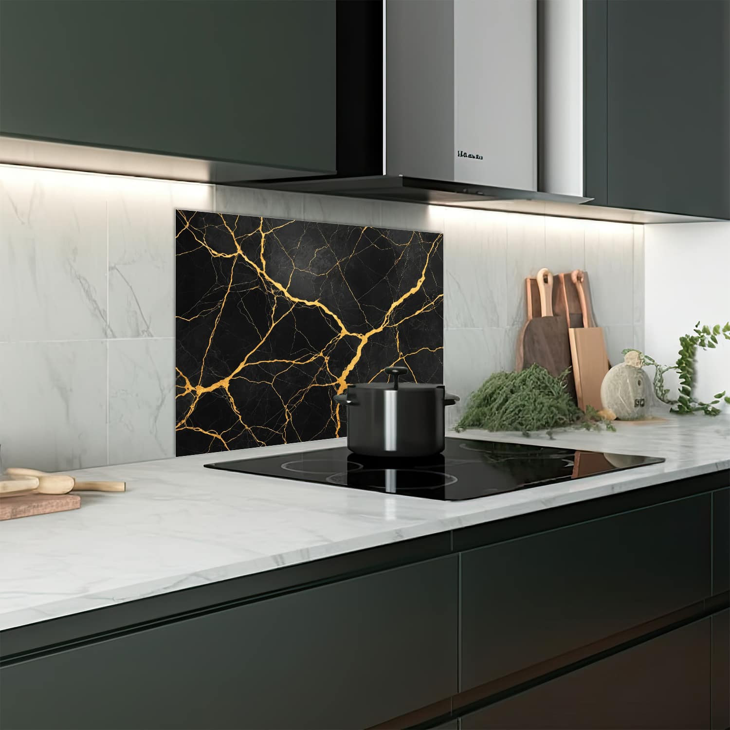 Eigen afmeting spatscherm-op-maat Keuken - Hittebestendig gehard glas - Gouden Aders In Zwart Marmer