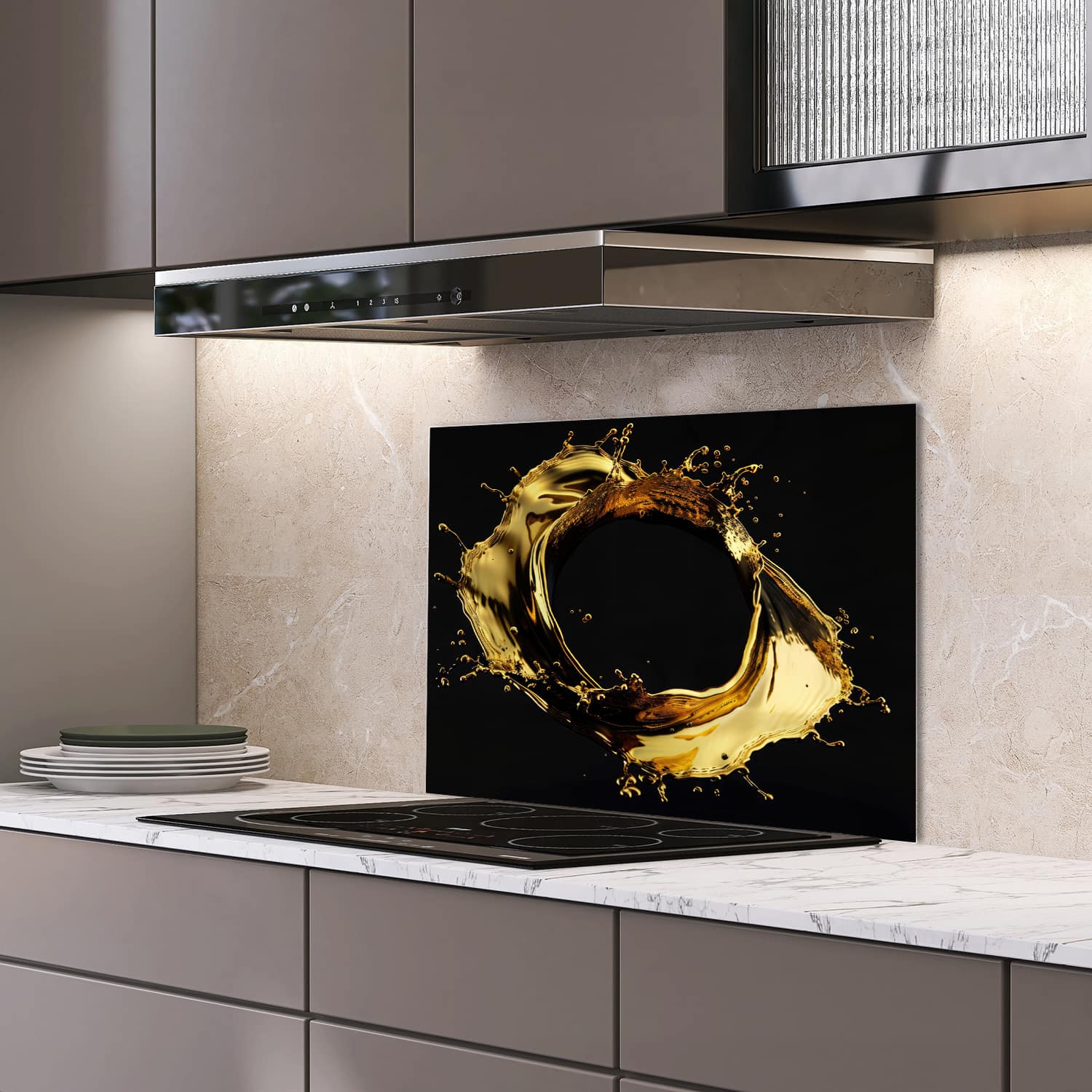 Eigen afmeting spatscherm-op-maat Keuken - Hittebestendig gehard glas - Gouden Cirkel