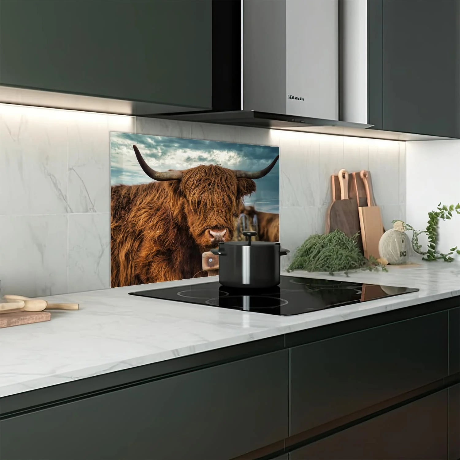 Eigen afmeting spatscherm-op-maat Keuken - Hittebestendig gehard glas - Schotse Hooglander in de Weide