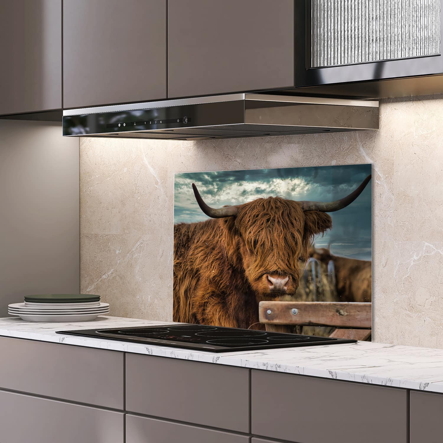 Eigen afmeting spatscherm-op-maat Keuken - Hittebestendig gehard glas - Schotse Hooglander in de Weide
