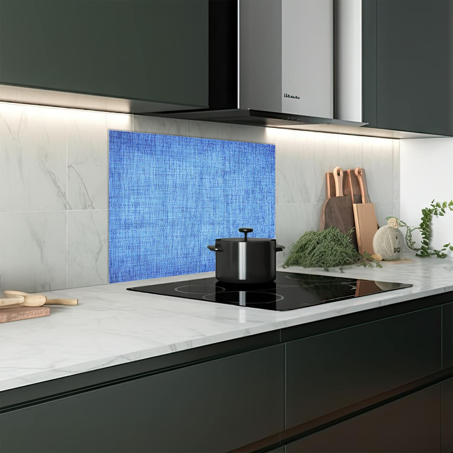 Eigen afmeting spatscherm-op-maat Keuken - Hittebestendig gehard glas - Blauwe Stof