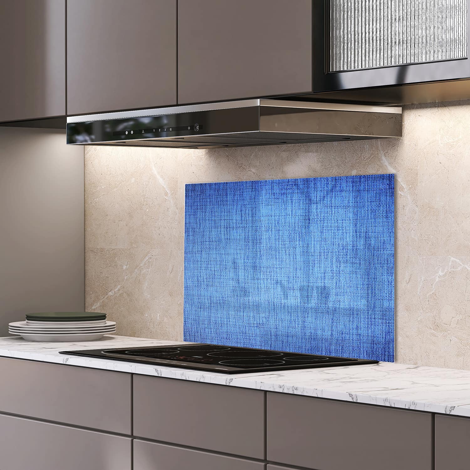 Eigen afmeting spatscherm-op-maat Keuken - Hittebestendig gehard glas - Blauwe Stof