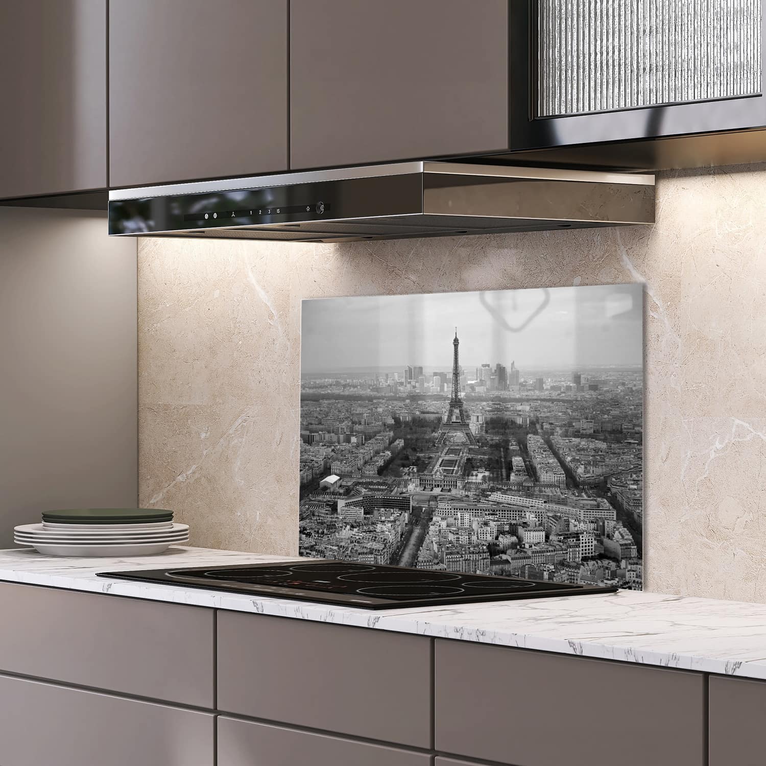 Eigen afmeting spatscherm-op-maat Keuken - Hittebestendig gehard glas - Parijs in Zwart-Wit vanuit de Lucht