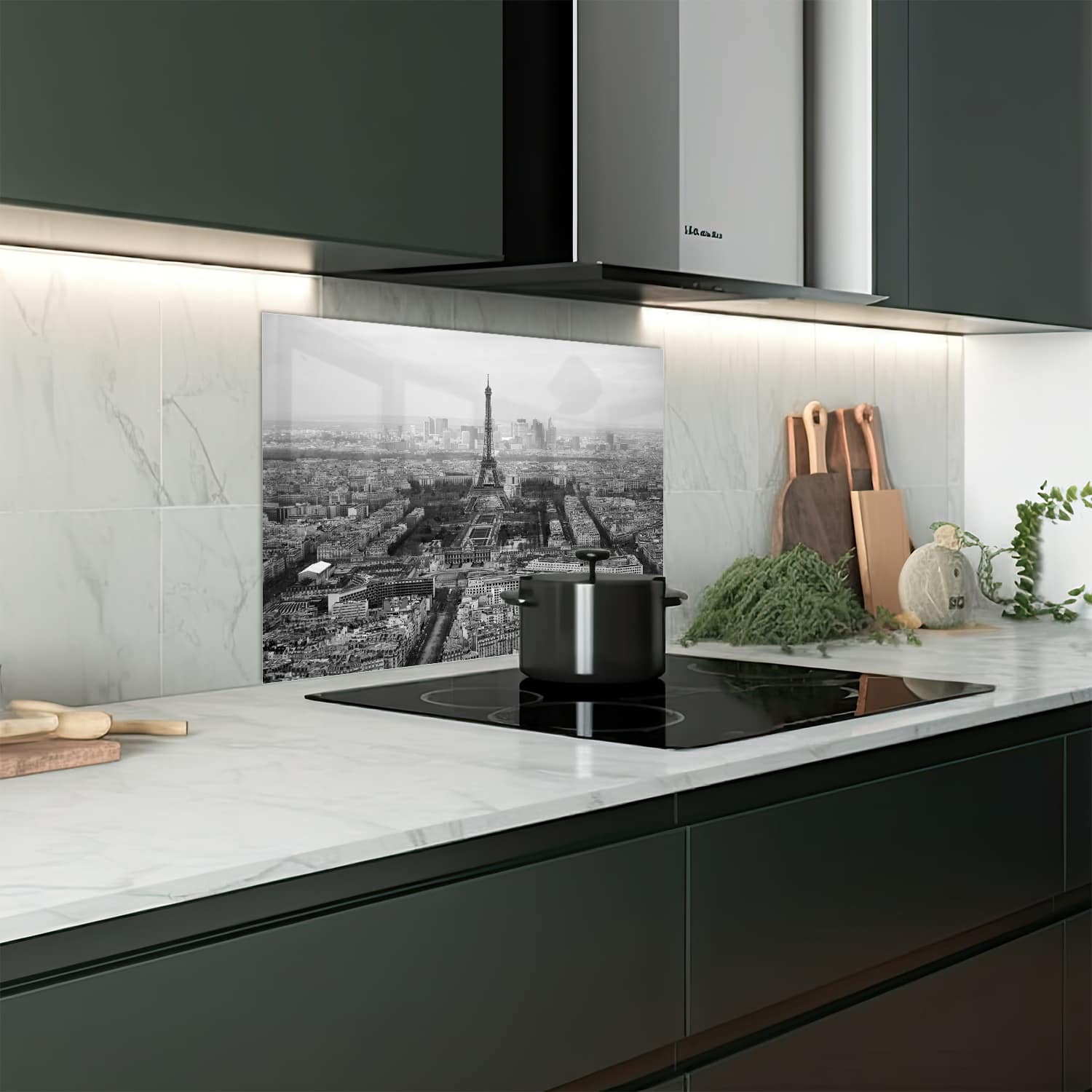 Eigen afmeting spatscherm-op-maat Keuken - Hittebestendig gehard glas - Parijs in Zwart-Wit vanuit de Lucht