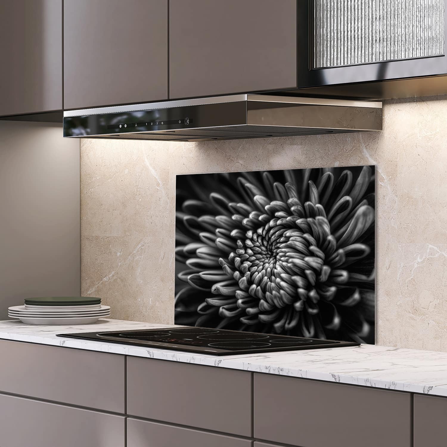 Eigen afmeting spatscherm-op-maat Keuken - Hittebestendig gehard glas - Zwart-Wit Close-up Bloem