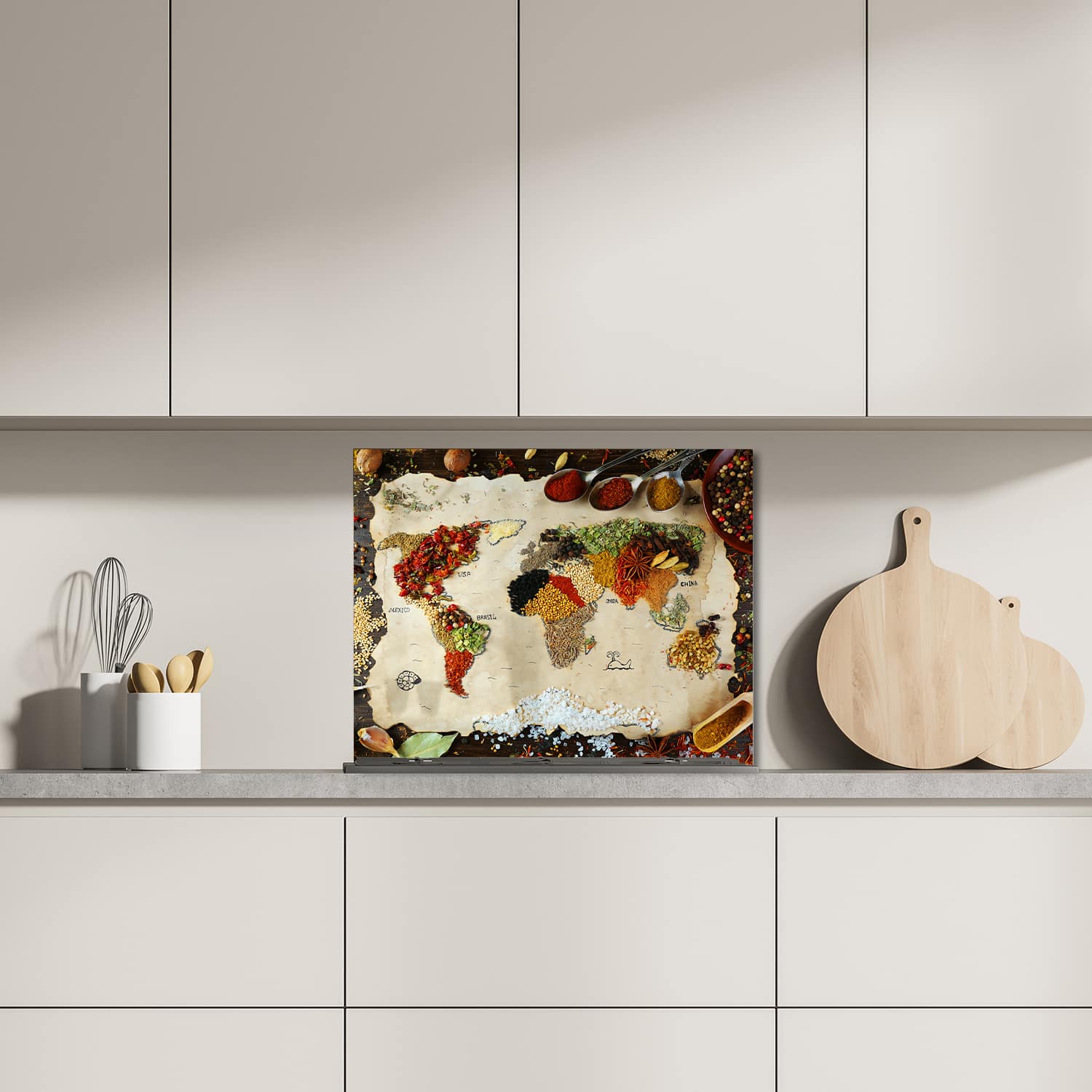 Eigen afmeting spatscherm-op-maat Keuken - Hittebestendig gehard glas - Wereldkaart van Specerijen
