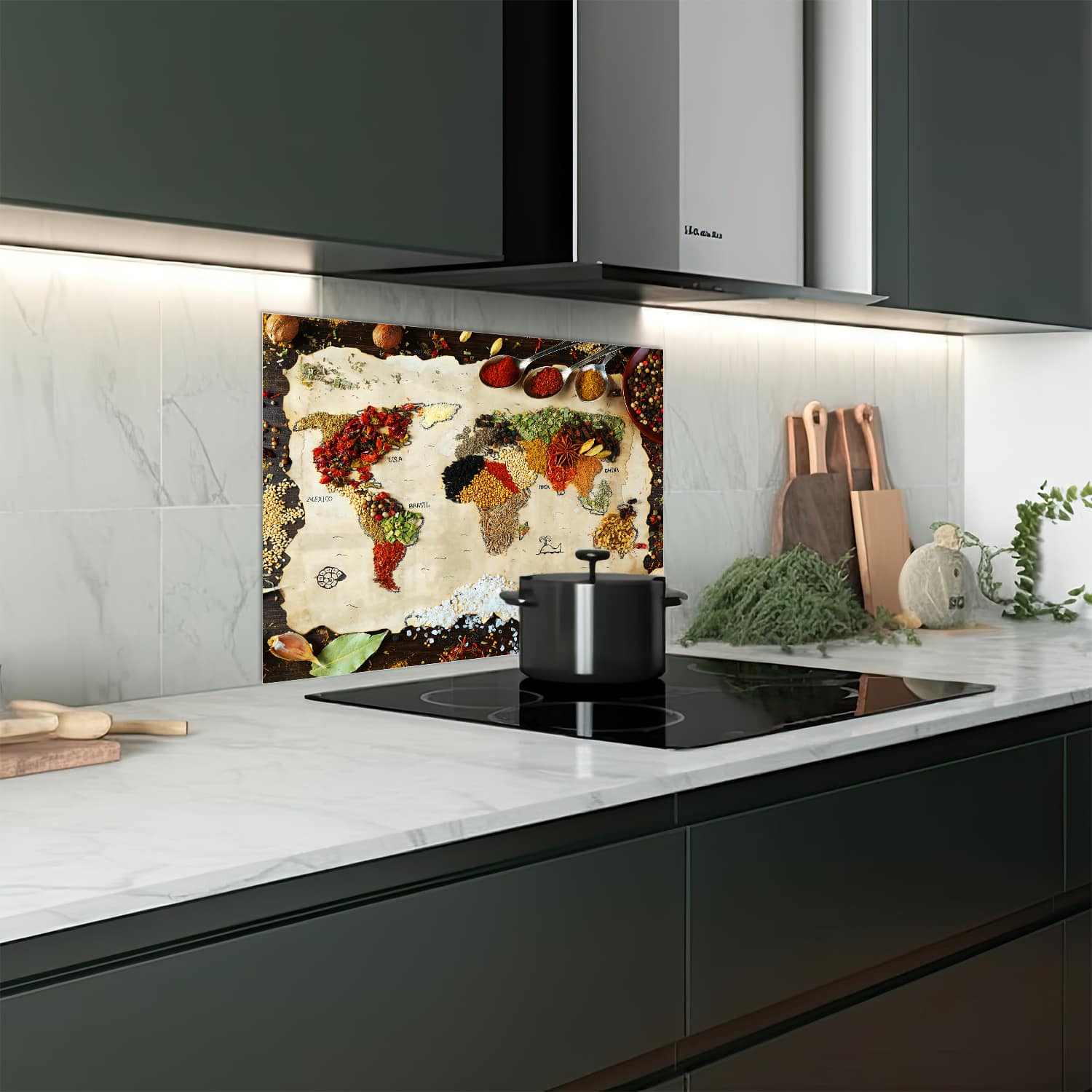 Eigen afmeting spatscherm-op-maat Keuken - Hittebestendig gehard glas - Wereldkaart van Specerijen