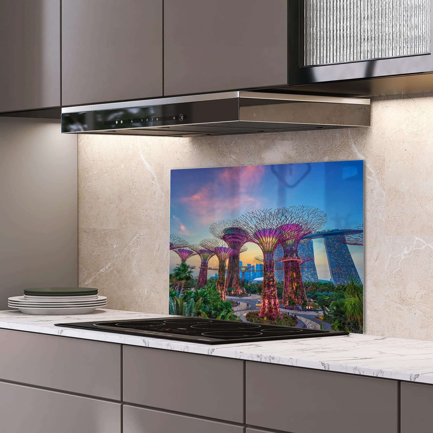 Eigen afmeting spatscherm-op-maat Keuken - Hittebestendig gehard glas - Zonsondergang in Singapore